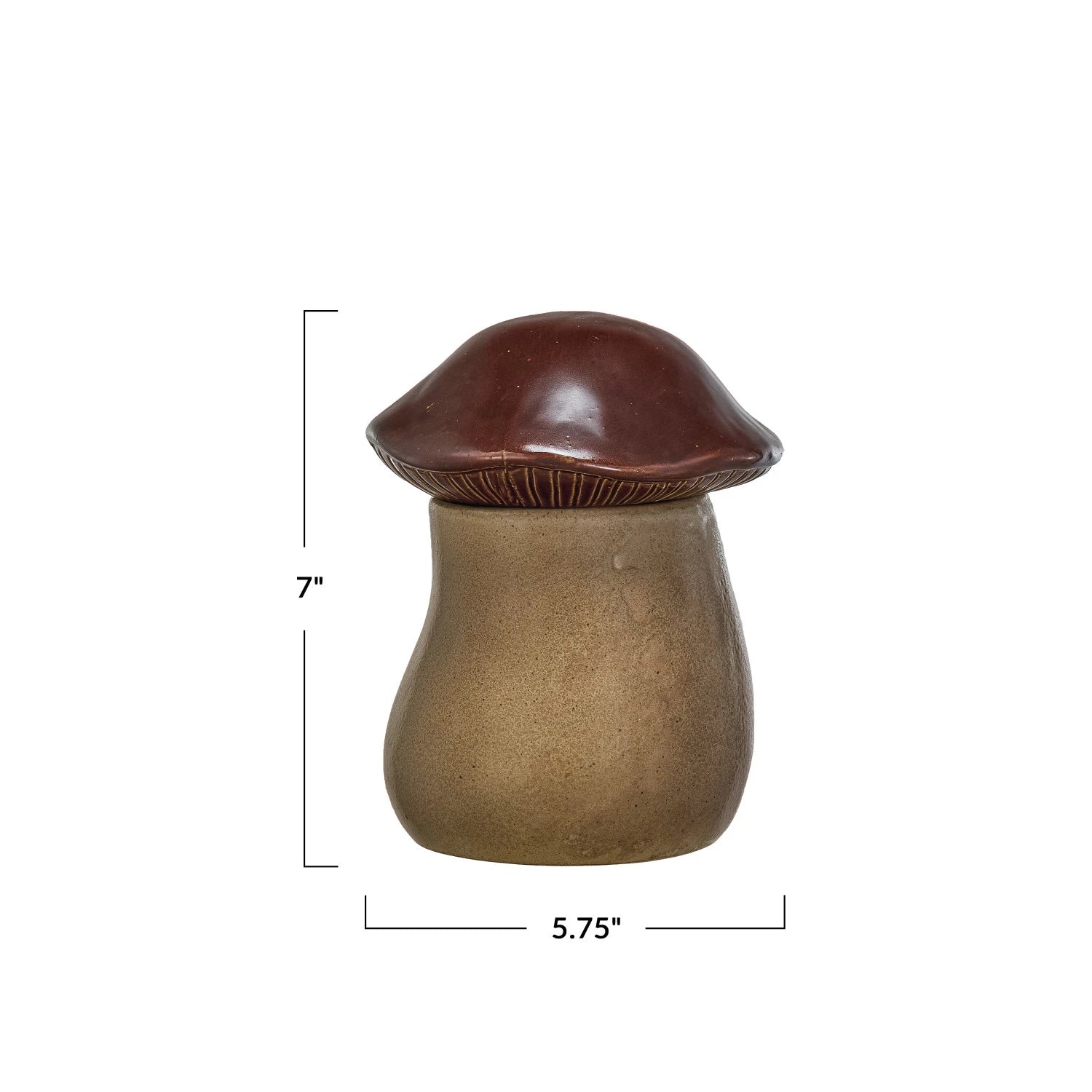 The Creative Co-op Mushroom Canister features a ceramic design with a brown cap and beige stem, measuring 7" tall by 5.75" wide—perfect for unique fall decor. Shown on a white background with labeled dimensions.