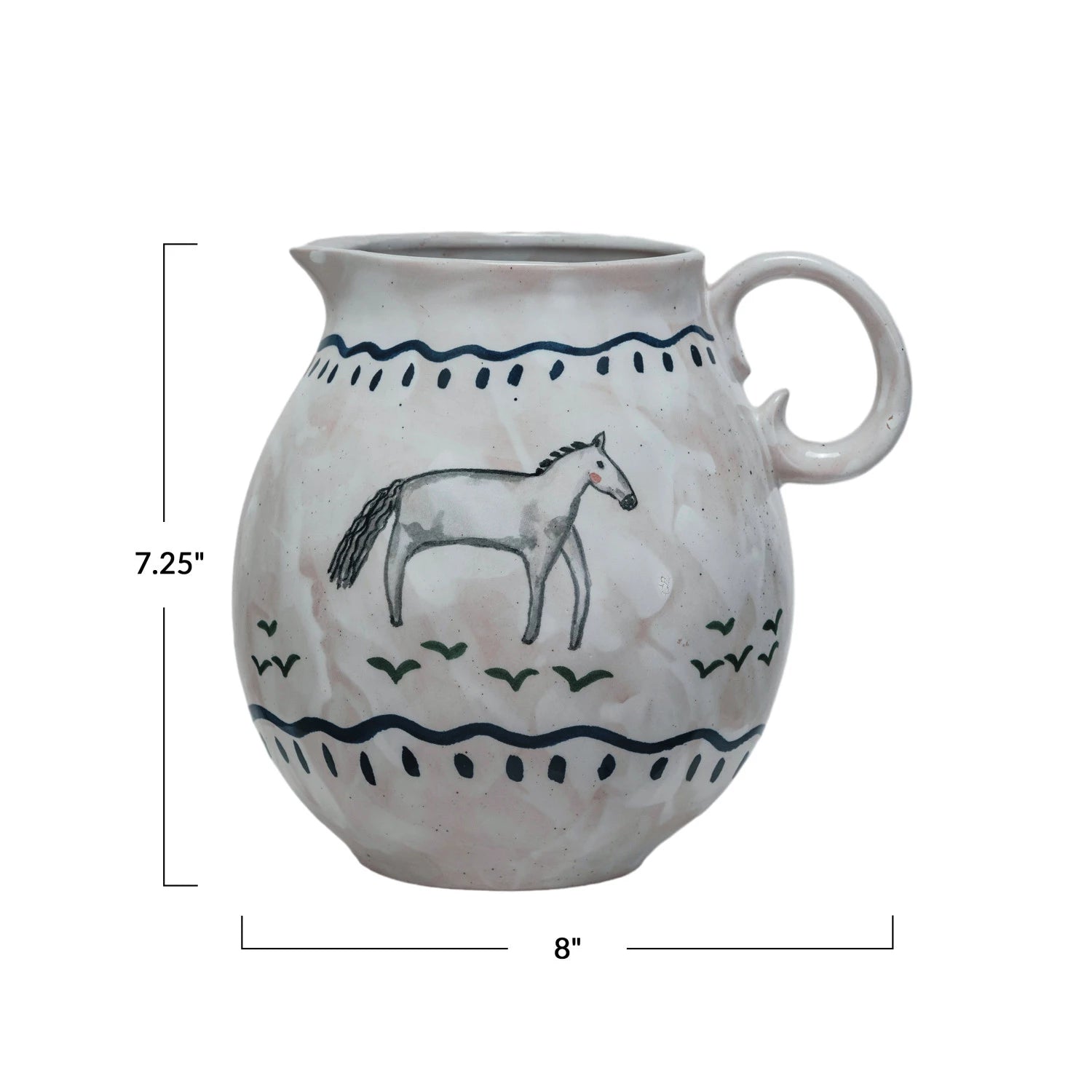 The Creative Co-op Horse Pitcher is a 7.25" tall, 8" wide round ceramic pitcher with a handle, featuring hand-painted horse print, blue wavy lines, and green accents for a charming farmhouse look.