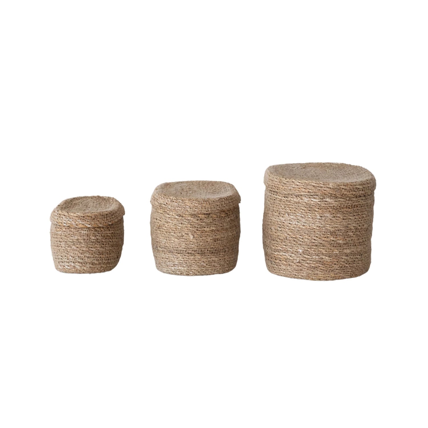 Three long oval, hand-woven Sea Grass Baskets with lids by Creative Co-op are displayed in a row from smallest to largest on a plain white background—perfect for organizing household items.