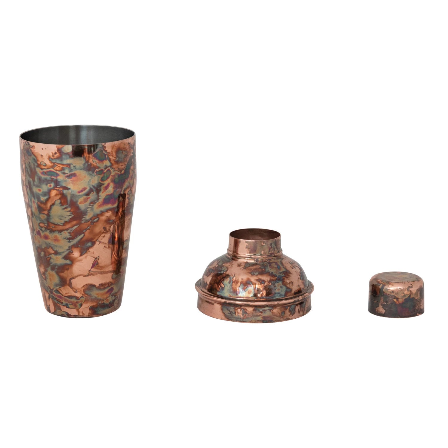 The Creative Co-op Stainless Steel Cocktail Shaker, a three-piece 16 oz set with a mottled oxidized copper finish, is shown disassembled into a large cup, strainer lid, and small cap, side by side on a white background.