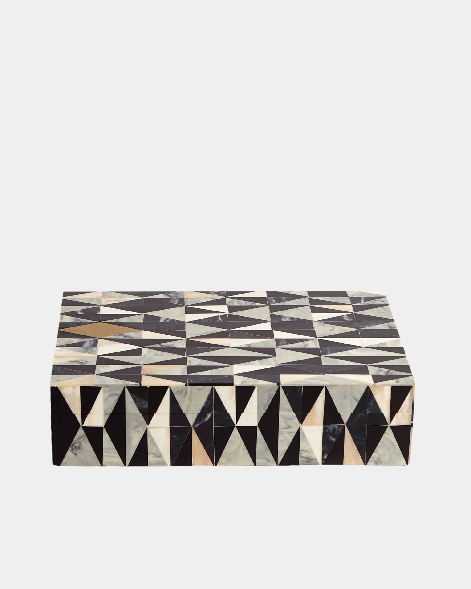 The Calisson Diamond Box S by Global Views is a rectangular MDF box with lid, showcasing a modern geometric black, white, and beige pattern that flows seamlessly across the front and top surfaces.