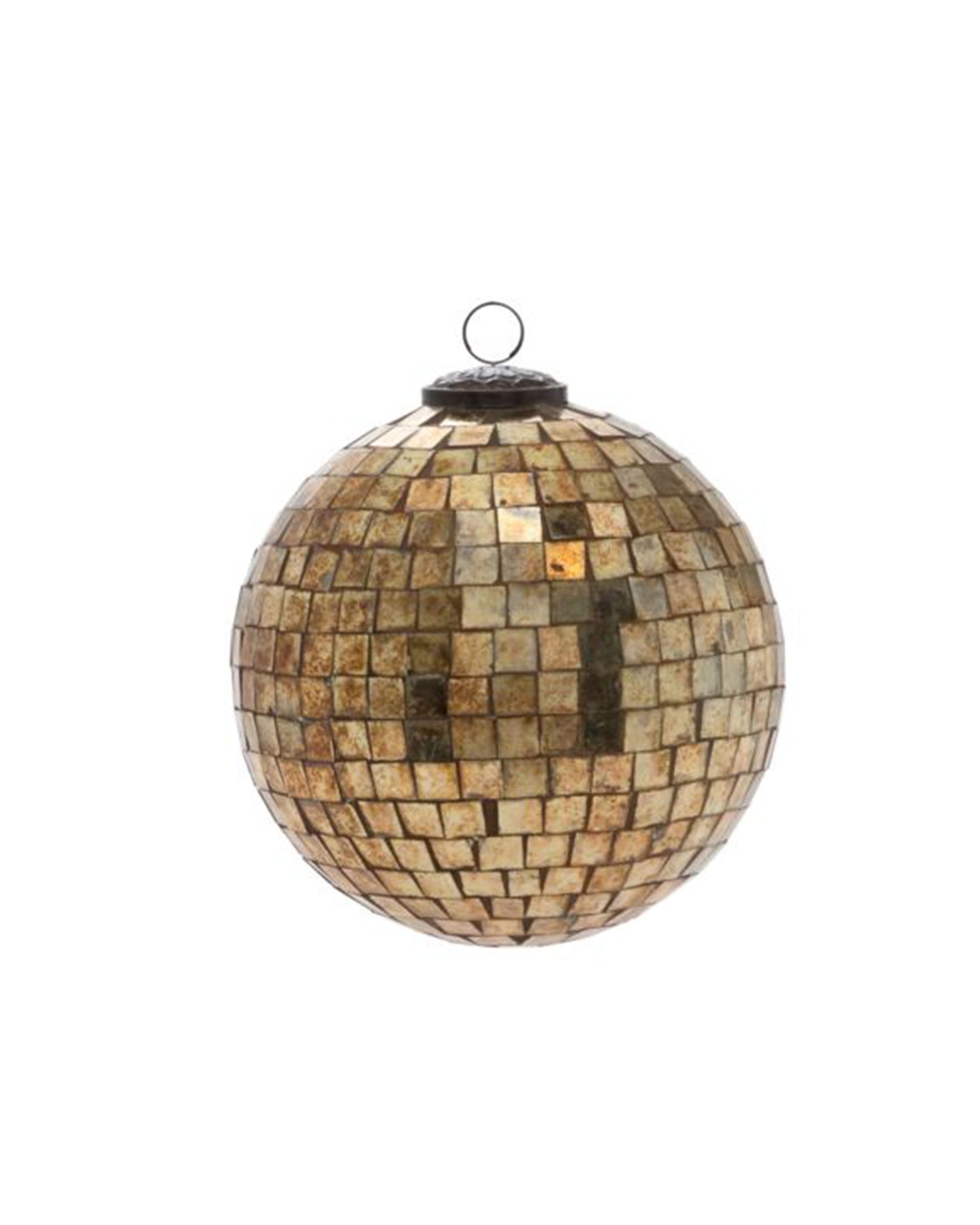 The Antiqued Disco Bal Orn 6" by Accent Decor is a round ornament adorned with reflective gold and bronze mercury-finish tiles and a metal hanging loop—ideal for vintage Christmas décor.