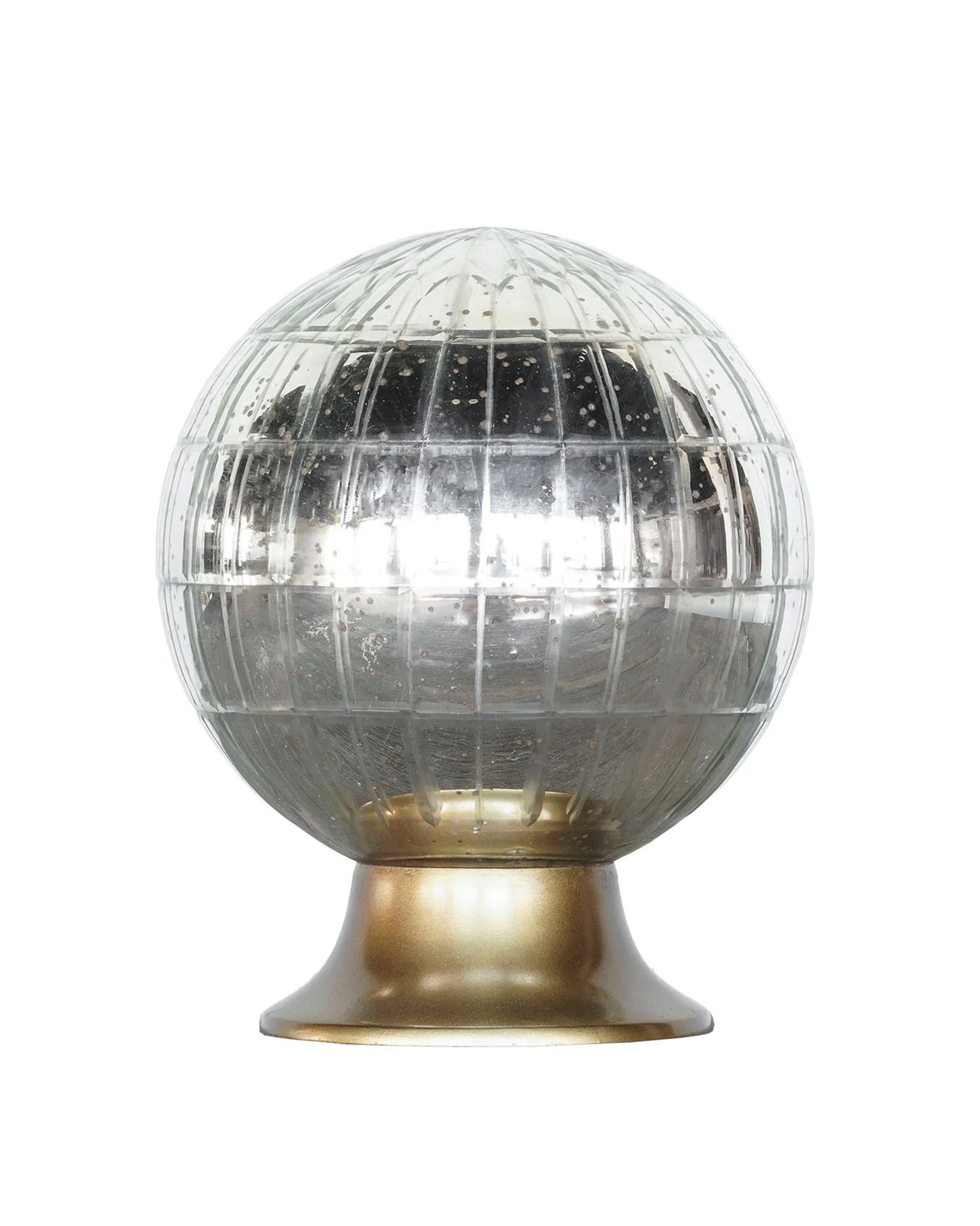 The Wunderkammer Orb by Blue Ocean Traders is a decorative antique-silver glass globe with etched grid lines and vintage accents, set on a metallic gold base. Its reflective surface stands out against a plain white background.