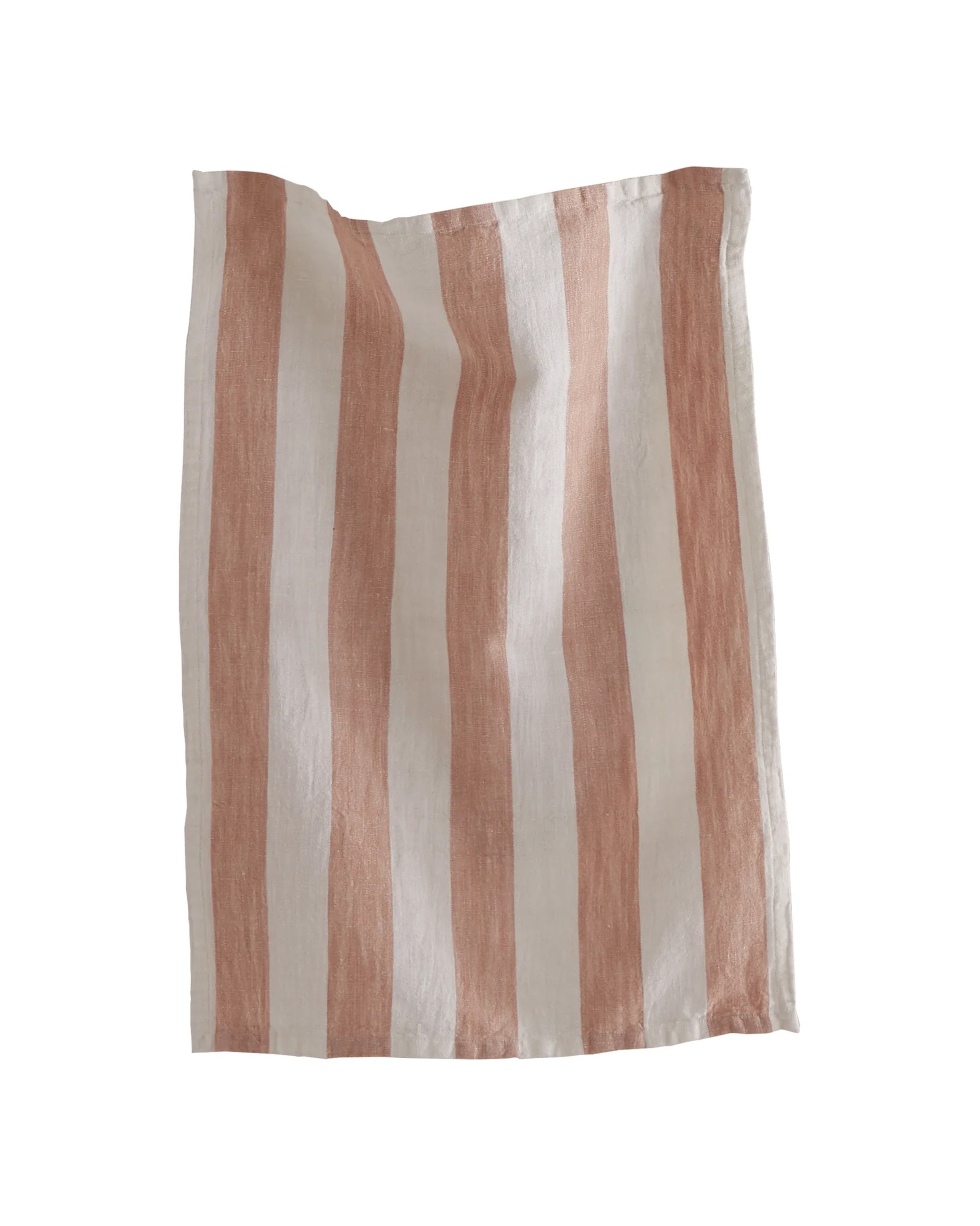 The Tag Stripe Dish Towel in blush features vertical beige and white stripes on a cotton-linen blend, adding a stylish touch to your kitchen essentials.