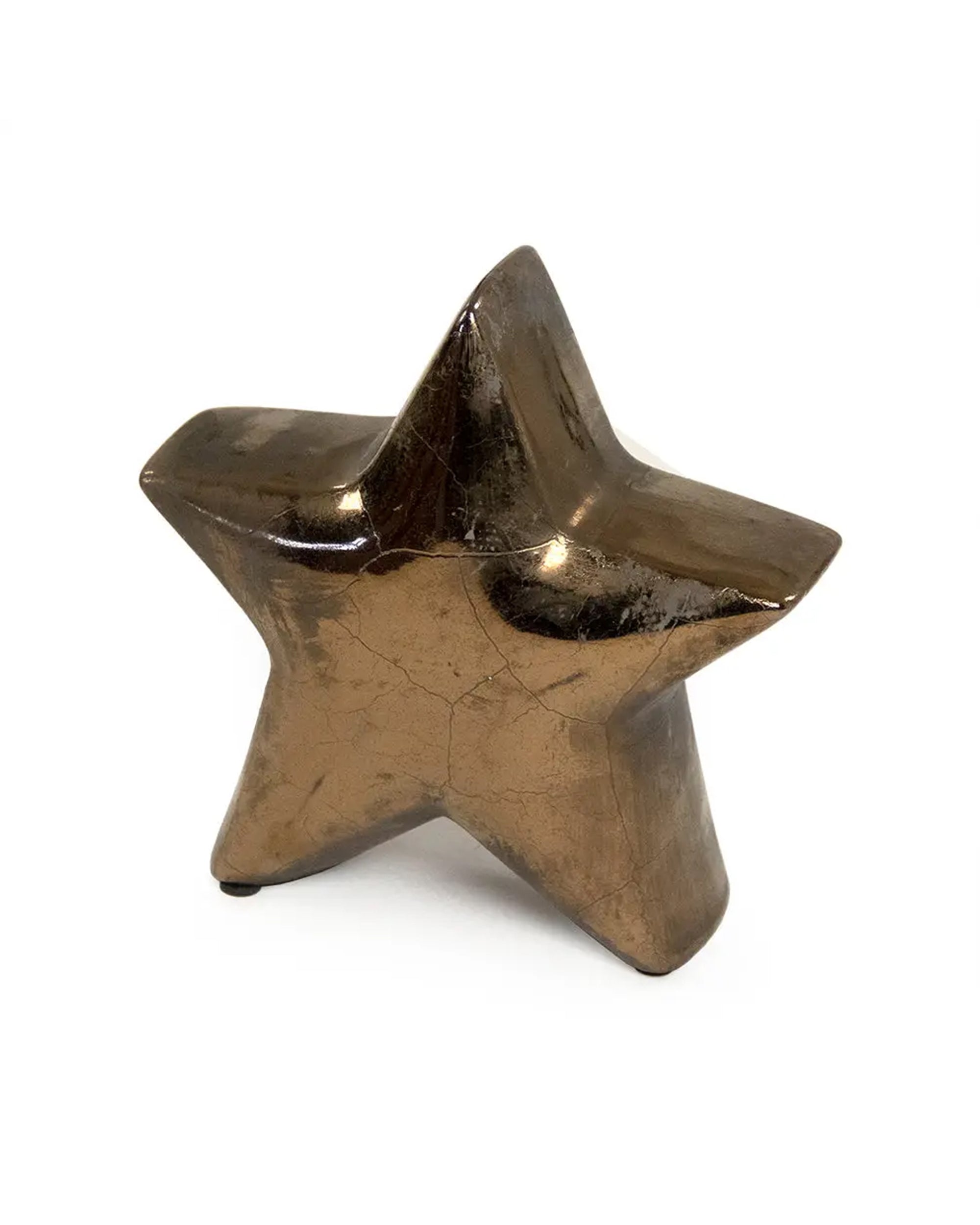 The Zentique Distressed Bronze Star - Small features a metallic gold, cracked surface reminiscent of vintage decor and stands upright against a white background.
