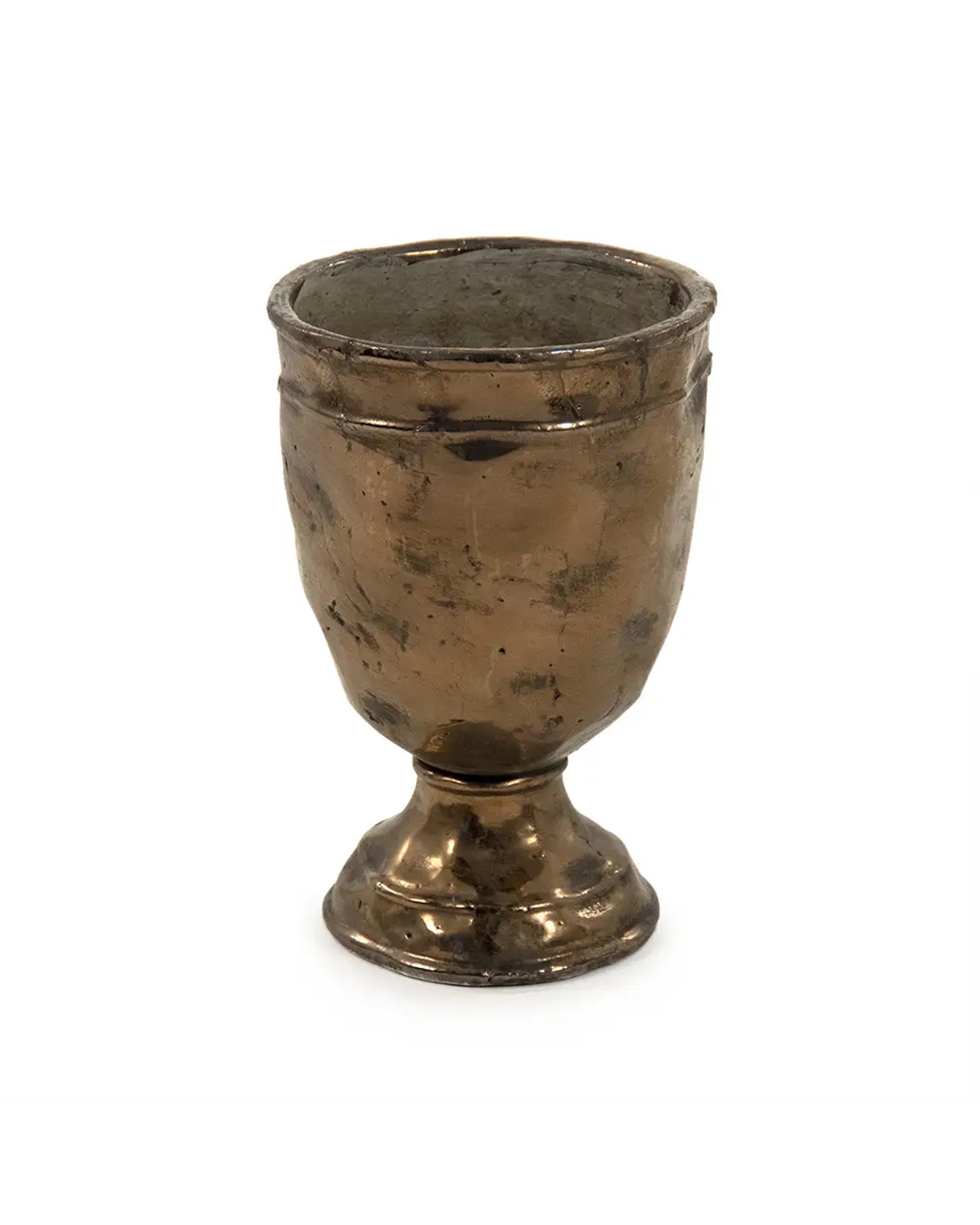 The Zentique Distressed Bronze Vase features a rounded body, flared rim, and sturdy base with a wide opening diameter, displayed against a plain white background.