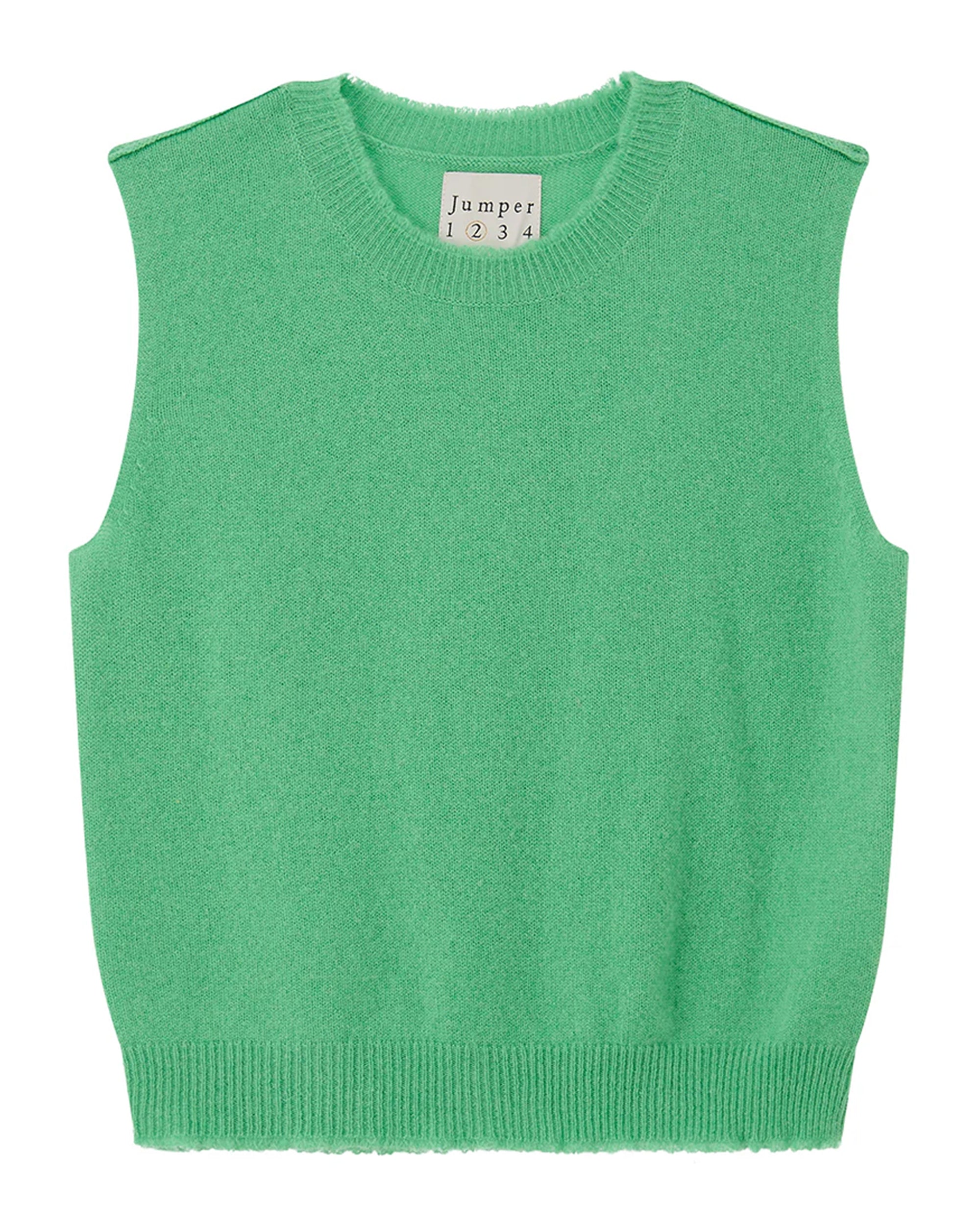 A sleeveless mint green Distressed Tank by Jumper 1 2 3 4/CR2, featuring a crew neck and ribbed trim at the hem, armholes, and neckline.