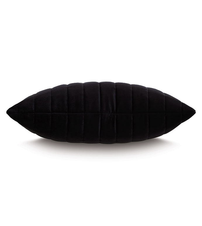 The DOMINIQUE CHANNELED by Eastern Accents is a rectangular black velvet decorative pillow with horizontal quilting lines, displayed against a white background.