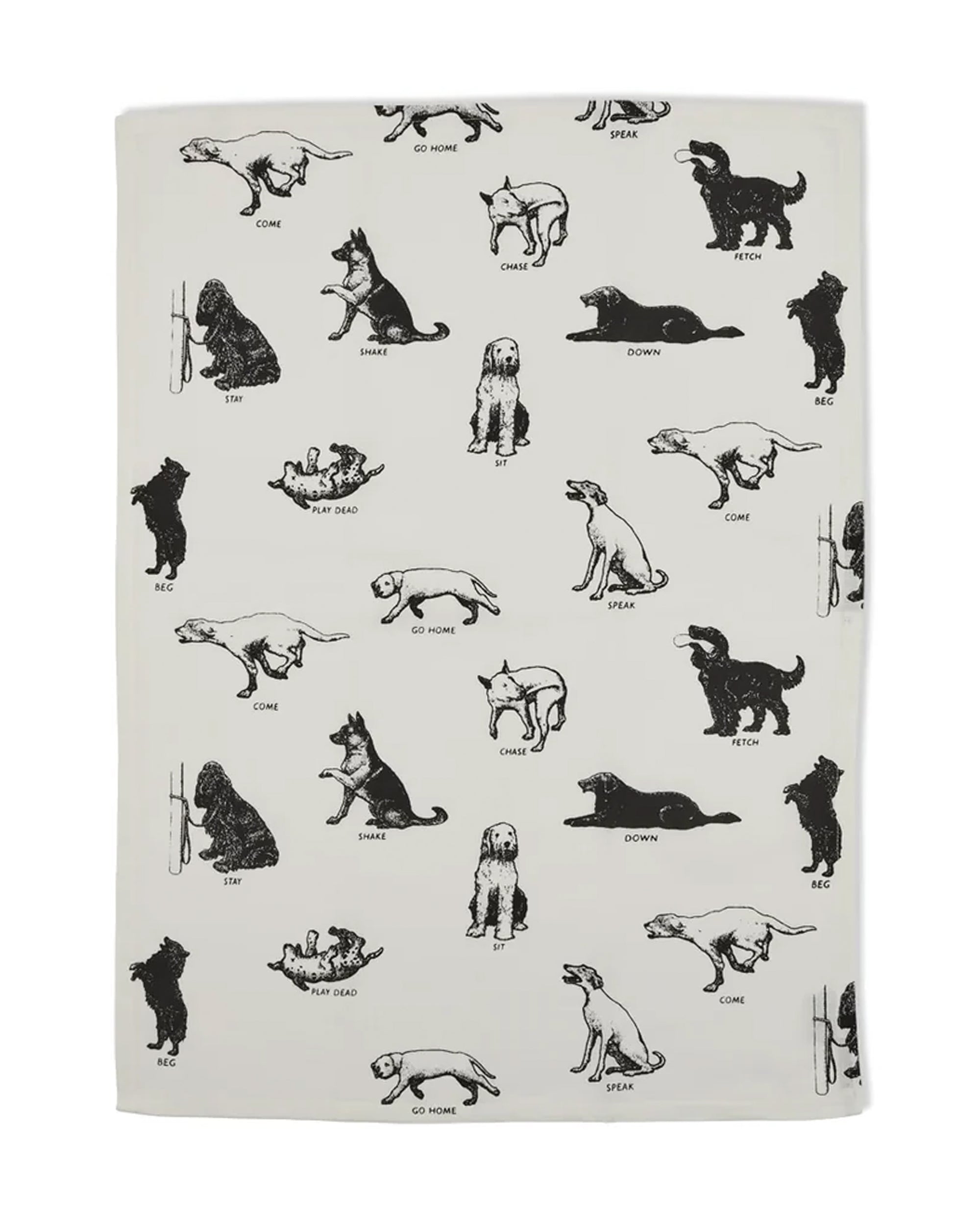 Cotton tea towel with black dog illustrations from Fishes Eddy, 20x28 inches, machine washable.