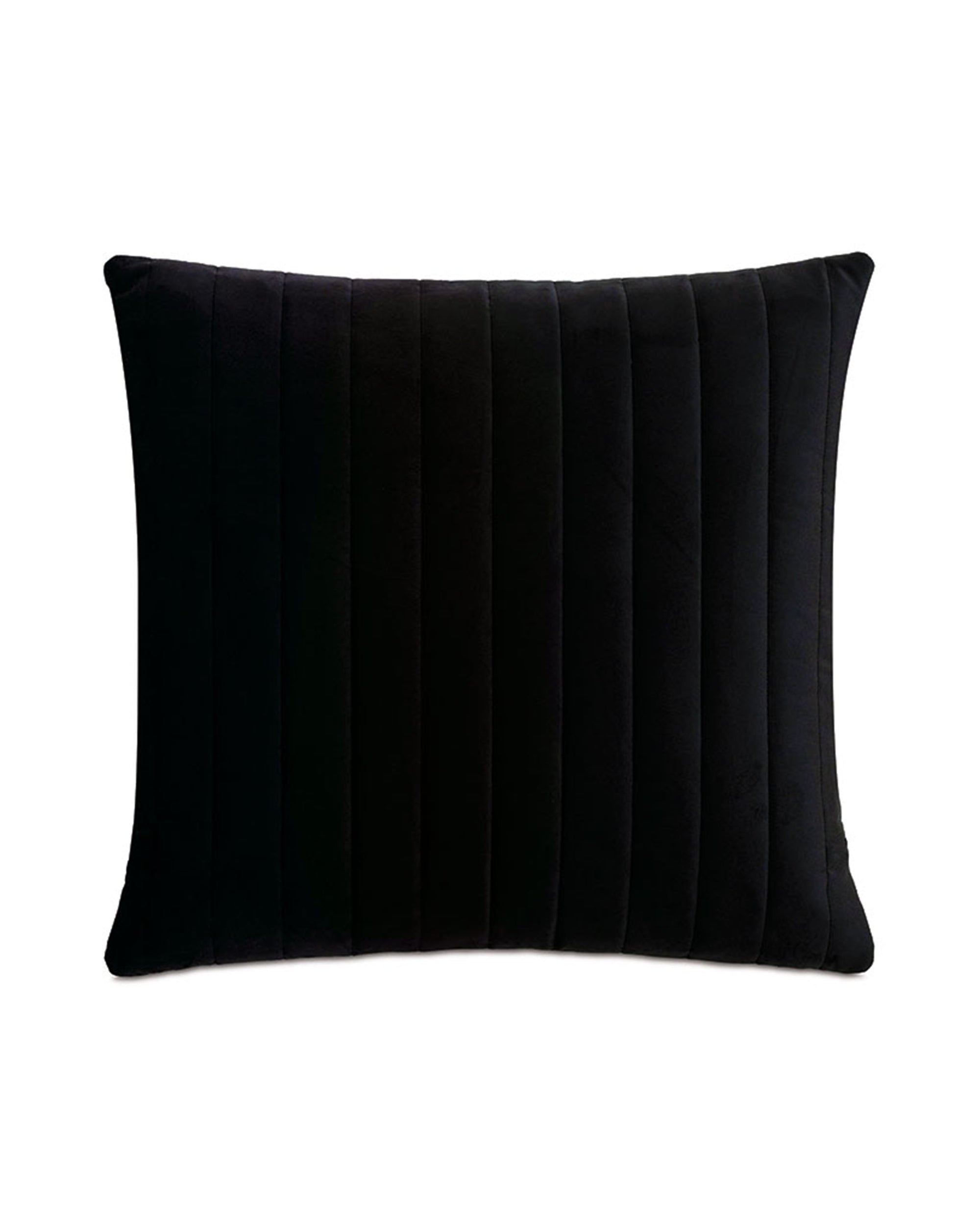 The DOMINIQUE CHANNELED pillow by Eastern Accents features a square black velvet design with vertical stitched lines for a ribbed texture, displayed against a white background—a stylish accent for any space.
