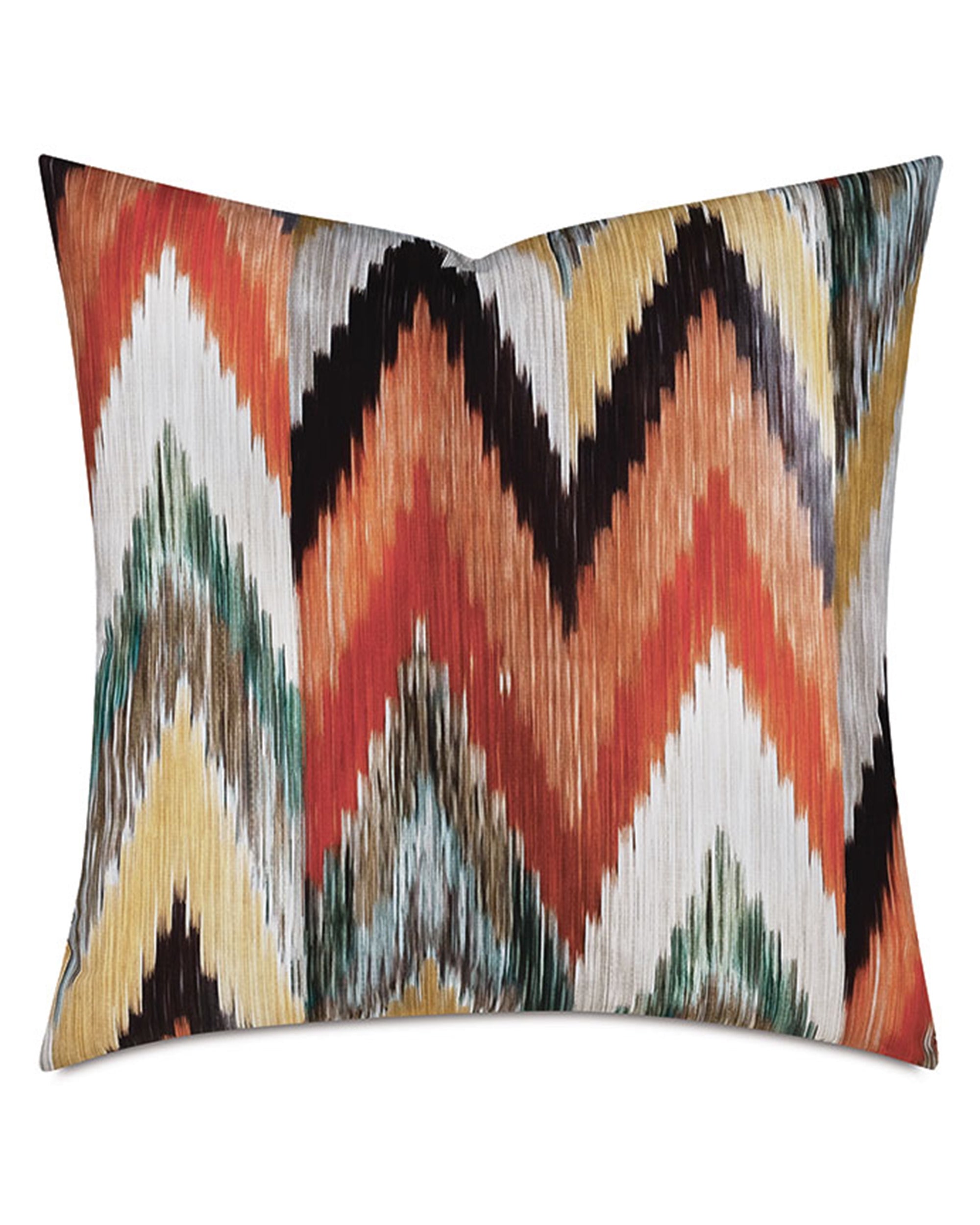The Donatella Chevron Pillow by Eastern Accents features a bold chevron pattern in orange, brown, black, yellow, green, and white on textured cotton—a perfect boho accent for your space.