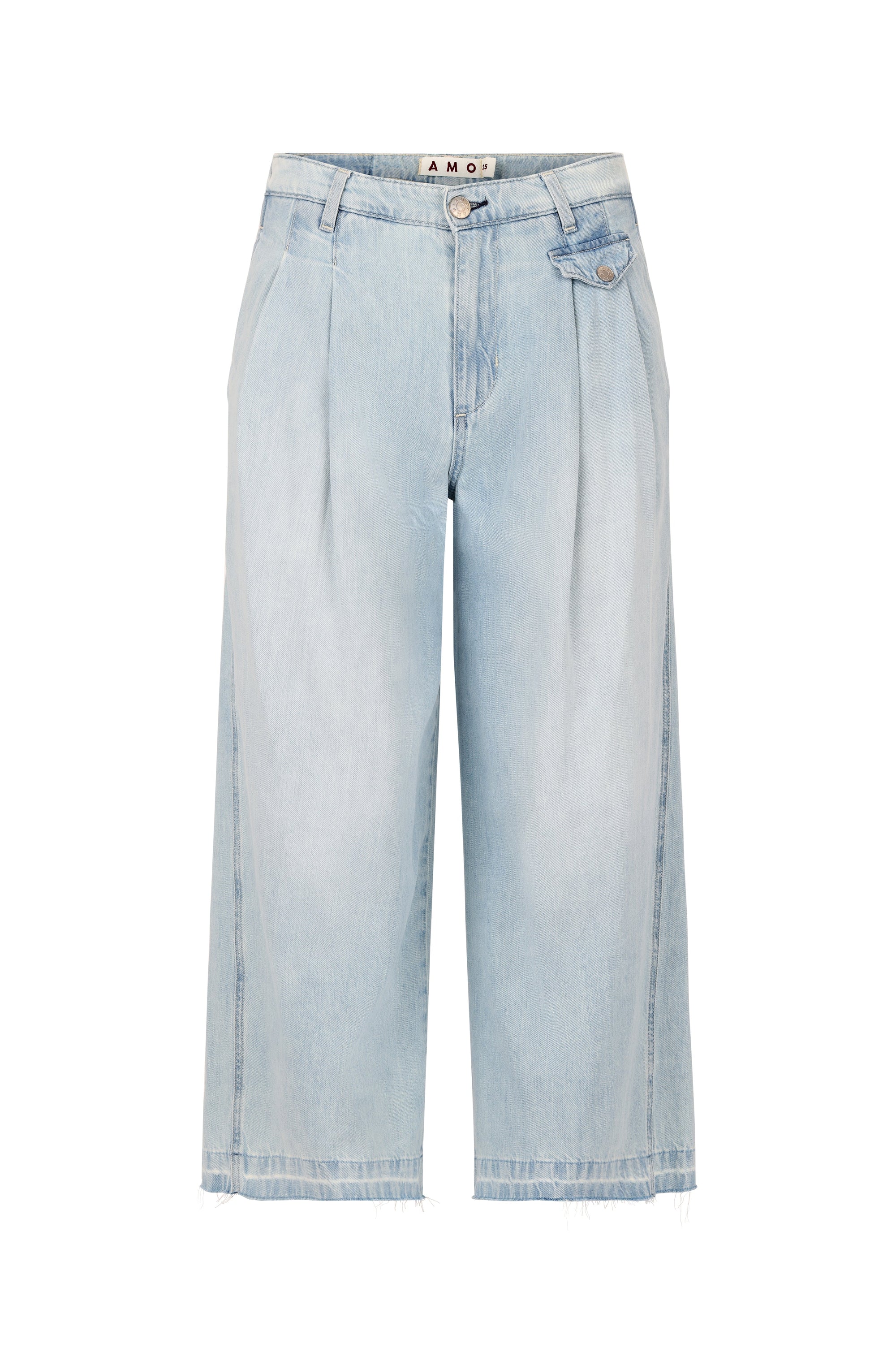 The AMO Denim Donna Trouser is a light blue, high-waisted wide-leg crop jean with front pleats, button and zip closure, belt loops, a coin pocket, and a frayed hem for a relaxed, casual look.