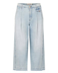 The AMO Denim Donna Trouser is a light blue, high-waisted wide-leg crop jean with front pleats, button and zip closure, belt loops, a coin pocket, and a frayed hem for a relaxed, casual look.