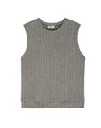 The Sweater Rib Shell by Donni is a sleeveless, grey knit top with a crew neckline, made from soft organic cotton and ribbed for texture, shown laid flat on a white background.