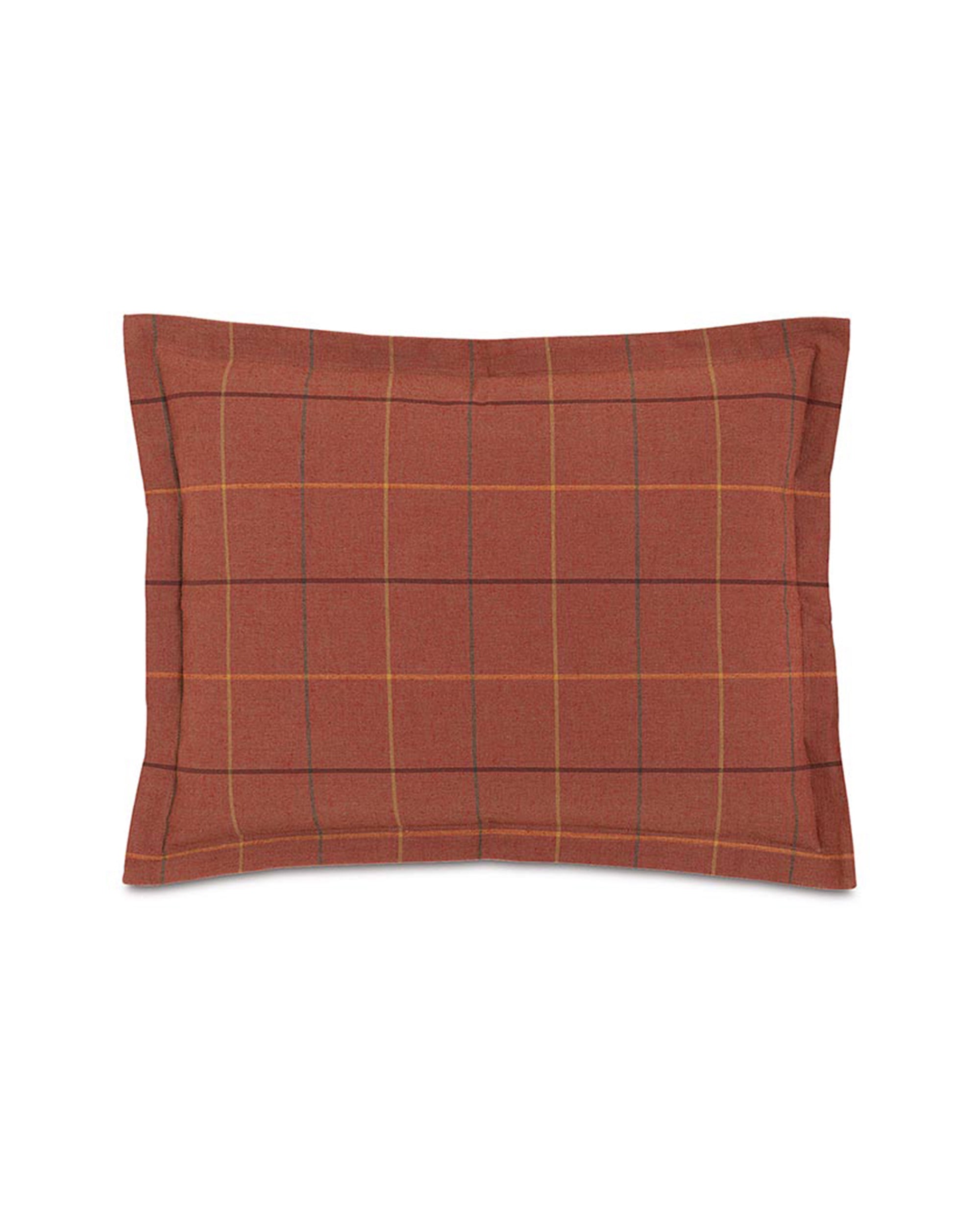 The Donoghue Autumn Sham by Eastern Accents showcases a rectangular plaid design with a rust background, accented by thin yellow and dark brown lines. This stylish pillowcase features a zipper closure and is shown on a white background.