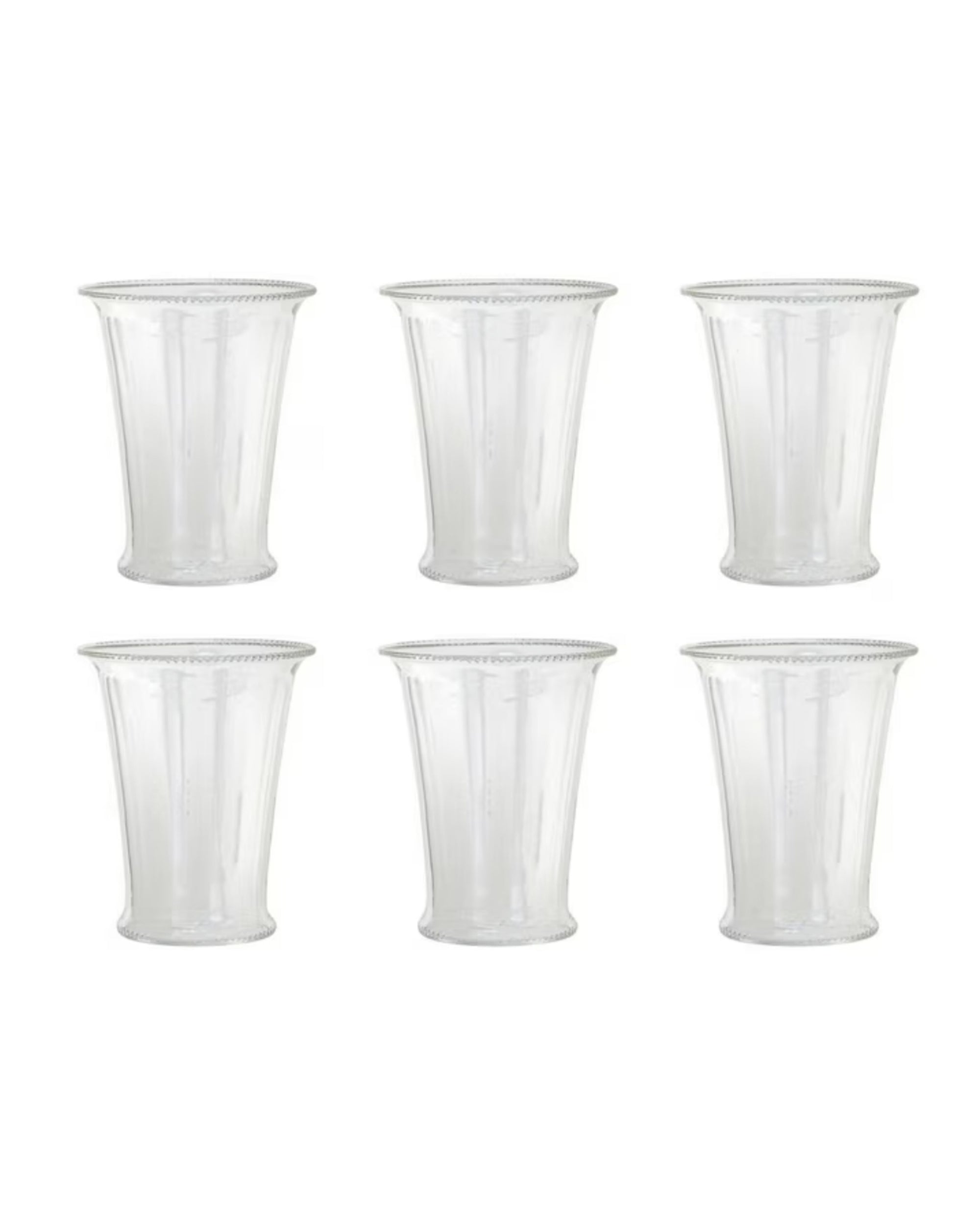 Six Creative Co-op DF8590 Drinking Glasses w/ Debossed Rim, each 6oz, arranged in two rows of three against a white background.