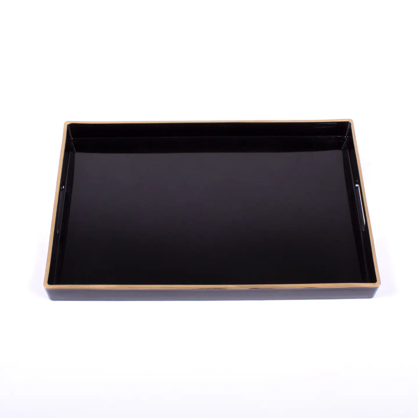 The Black Rectangular Tray by Faire is an elegant piece featuring a glossy finish and raised edges, complemented by a subtle beige border. Expertly crafted with fine resin, it stands out beautifully against the plain white background.