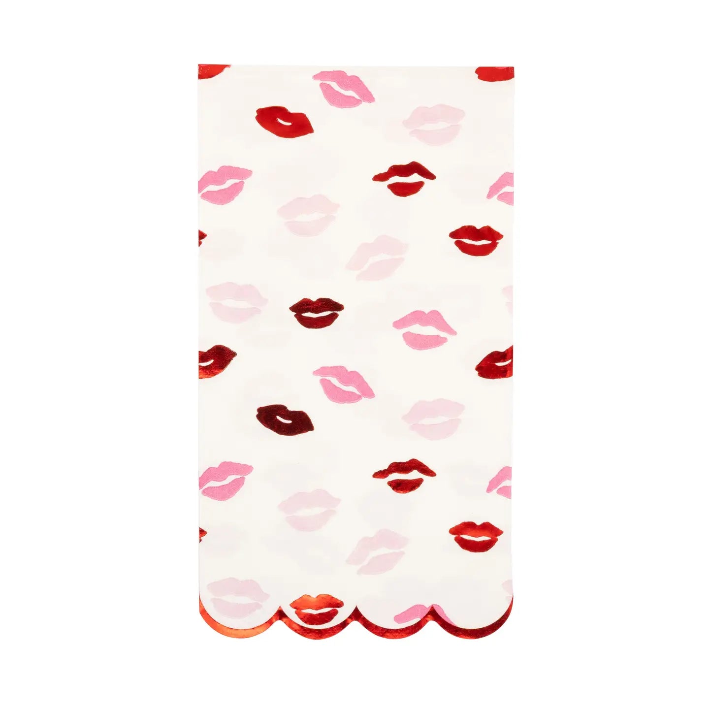My Mind's Eye Guest/Dinner Napkin features a white background with lips in red, pink, and burgundy plus a scalloped metallic red edge—perfect disposable napkins for your next celebration.