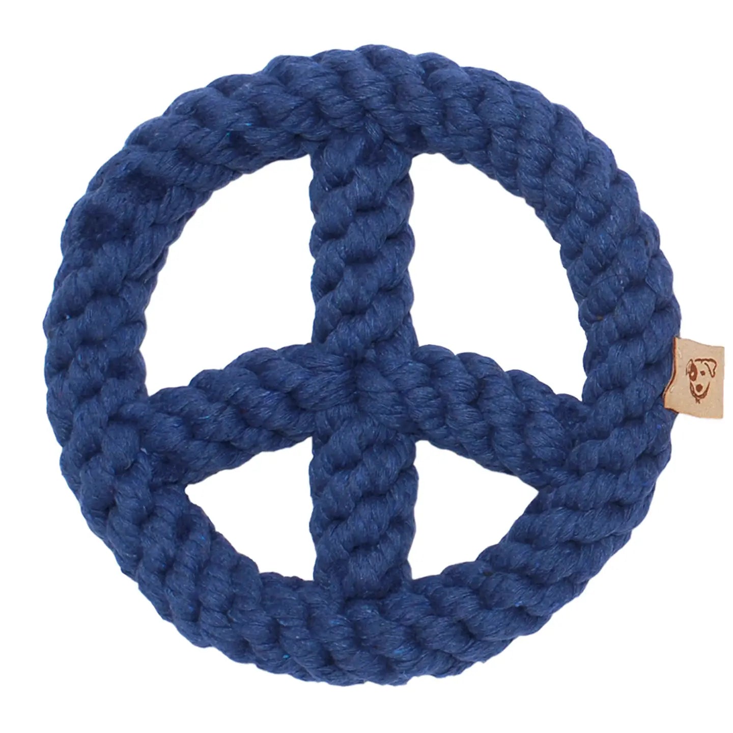 The Peace Sign Dog Toy by Faire is a blue rope toy with thick braided strands, perfect for doggie dental health. It features a small tan tag with a dog's face, reflecting Good Karma Rope Toys' dedication to animal welfare, all set against a plain white background.