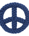 The Peace Sign Dog Toy by Faire is a blue rope toy with thick braided strands, perfect for doggie dental health. It features a small tan tag with a dog's face, reflecting Good Karma Rope Toys' dedication to animal welfare, all set against a plain white background.