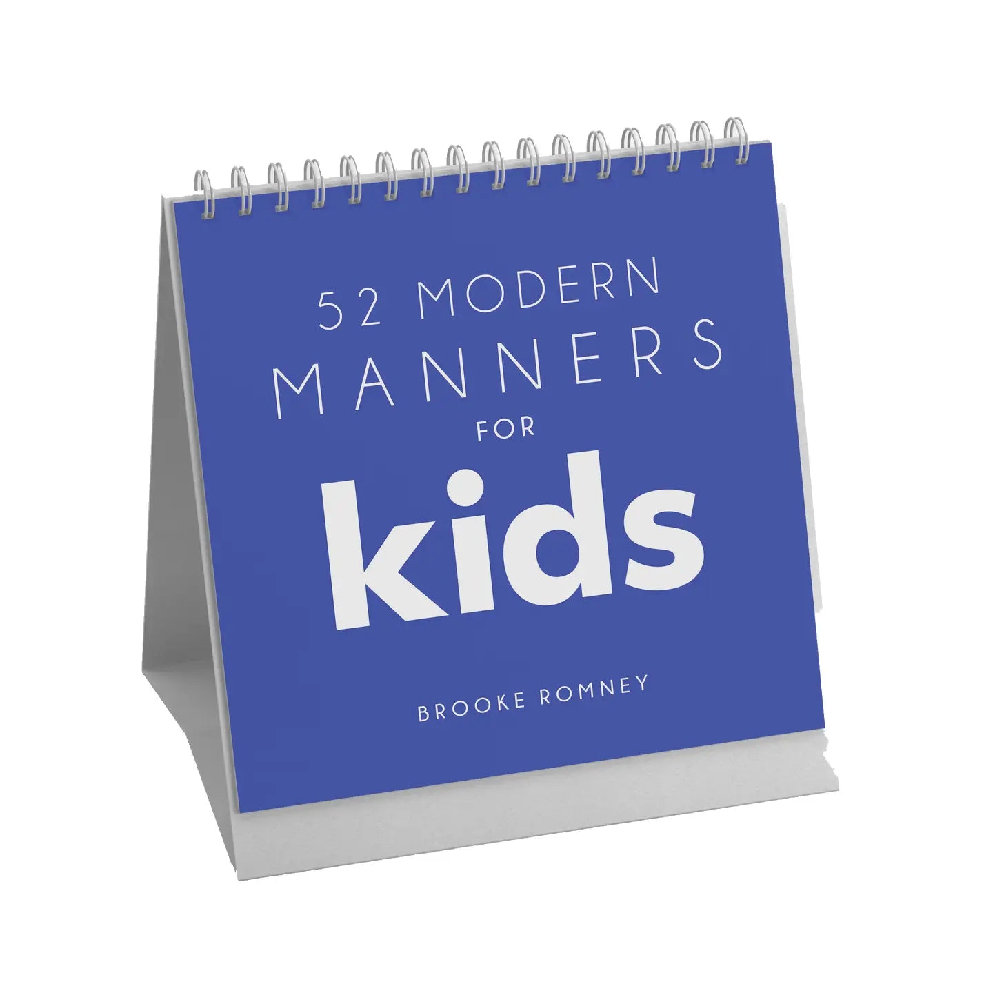 The "52 Modern Manners" spiral-bound flip book by Faire features a blue cover and gray stand—ideal for parents seeking a fun, engaging way to teach kids manners.