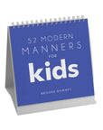The "52 Modern Manners" spiral-bound flip book by Faire features a blue cover and gray stand—ideal for parents seeking a fun, engaging way to teach kids manners.