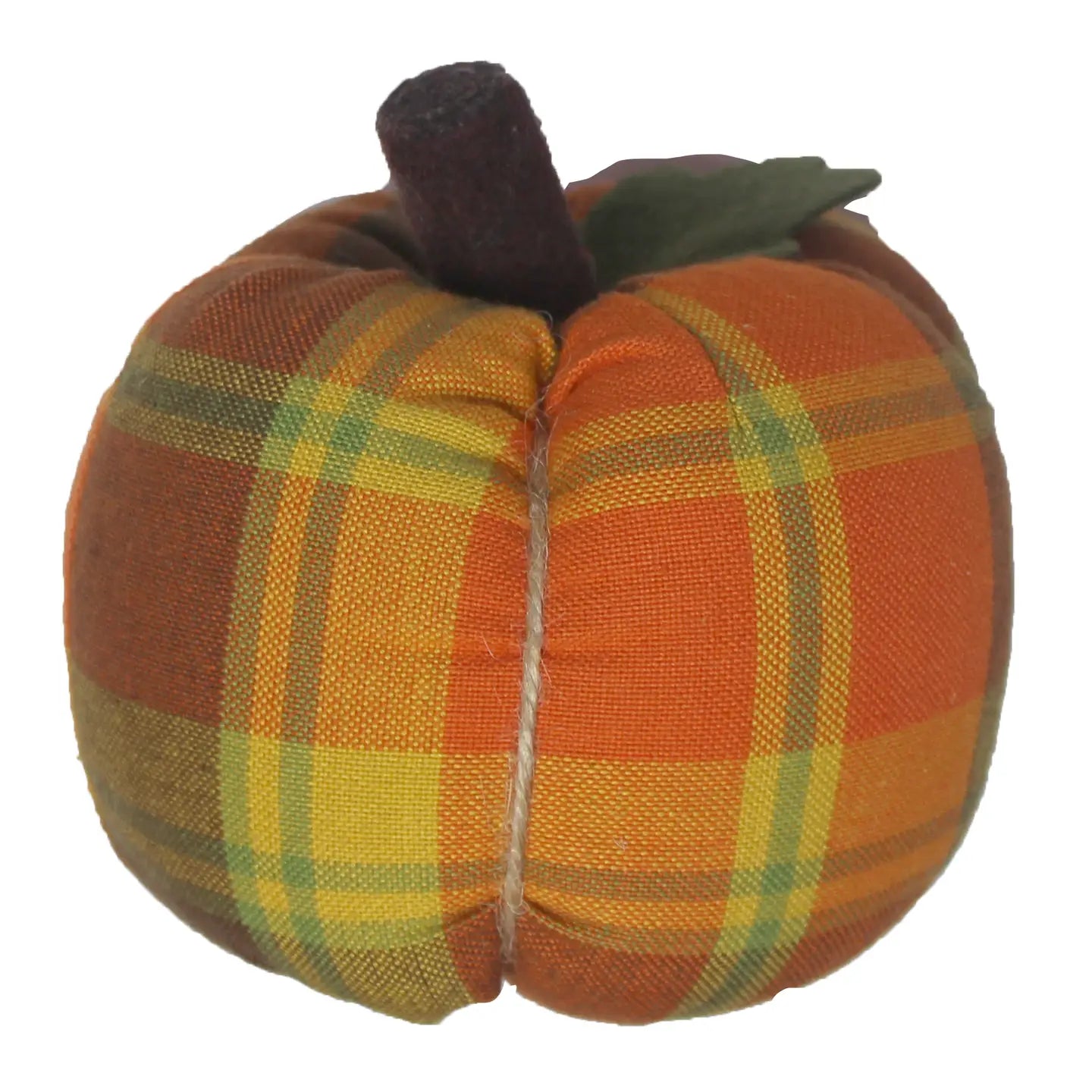 The Faire Pumpkin features a charming orange, yellow, and green plaid fabric design with a brown stem and green leaf, perfect as a farmhouse ornament or rustic fall décor accent.