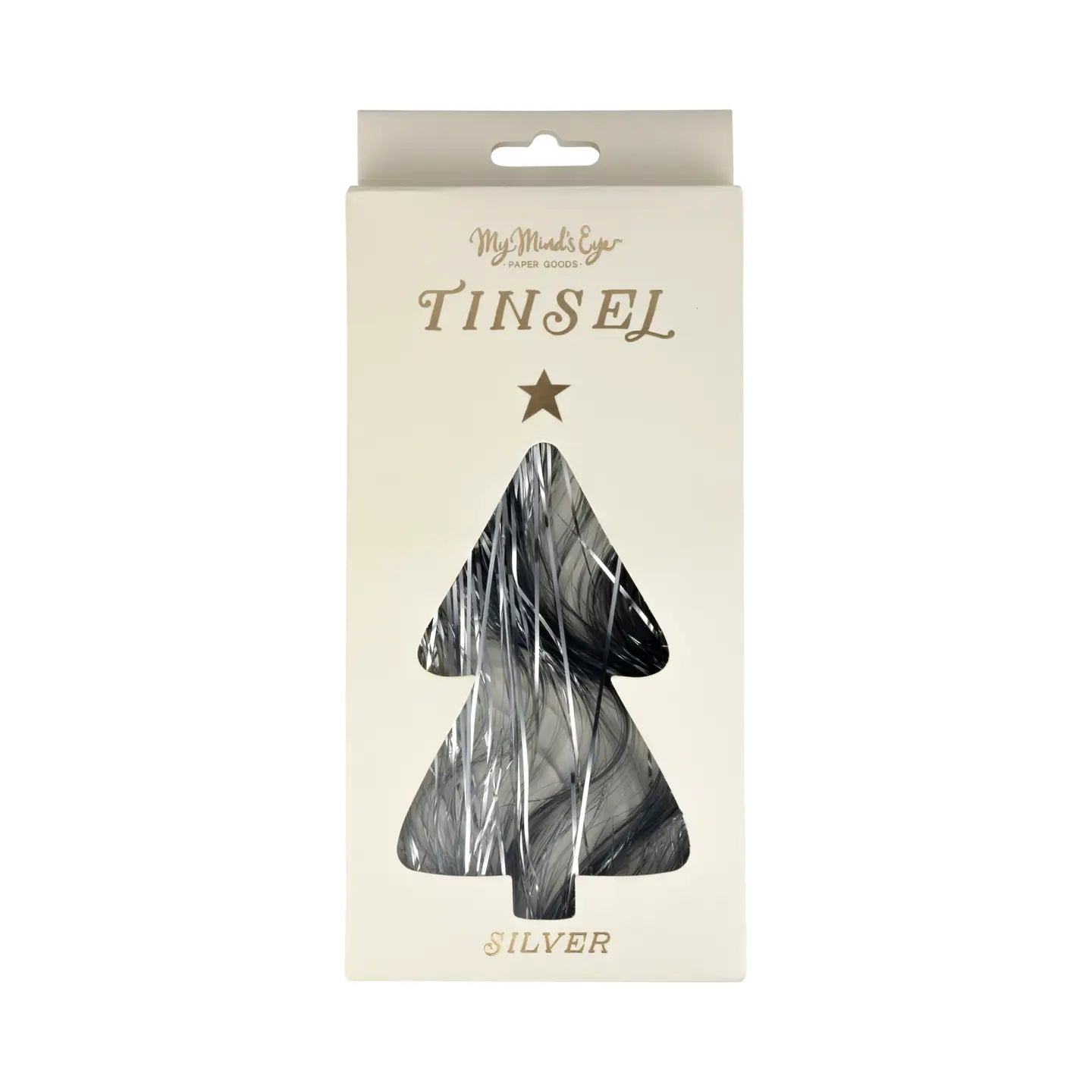 Faire's Tinsel in silver is an ideal choice for holiday decor. The packaging showcases a tree-shaped cutout revealing the vintage-inspired tinsel inside, with "Tinsel" and "Silver" elegantly printed on the beige exterior.