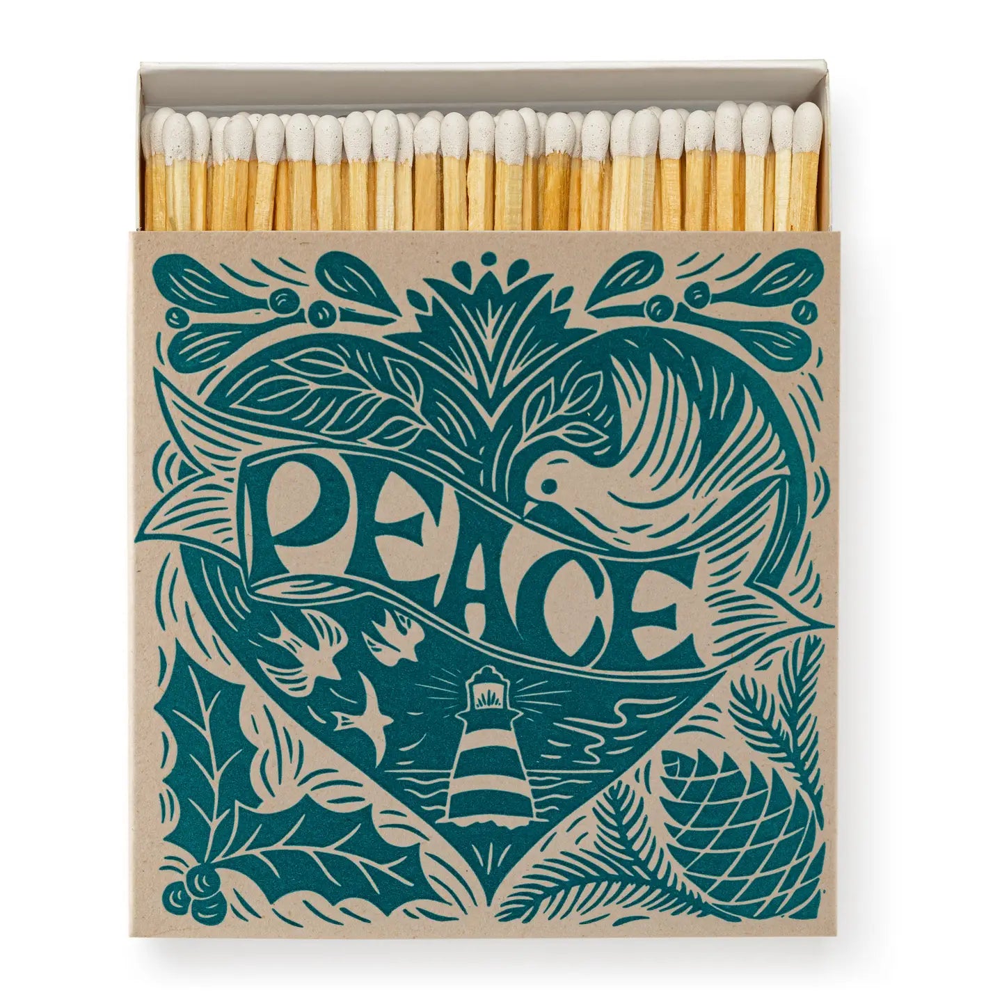 A box of Faire Matches/Square features a decorative "PEACE" design with a dove, lighthouse, birds, holly leaves, and pine cone in dark green on beige—ideal for those who love unique matchbox designs.
