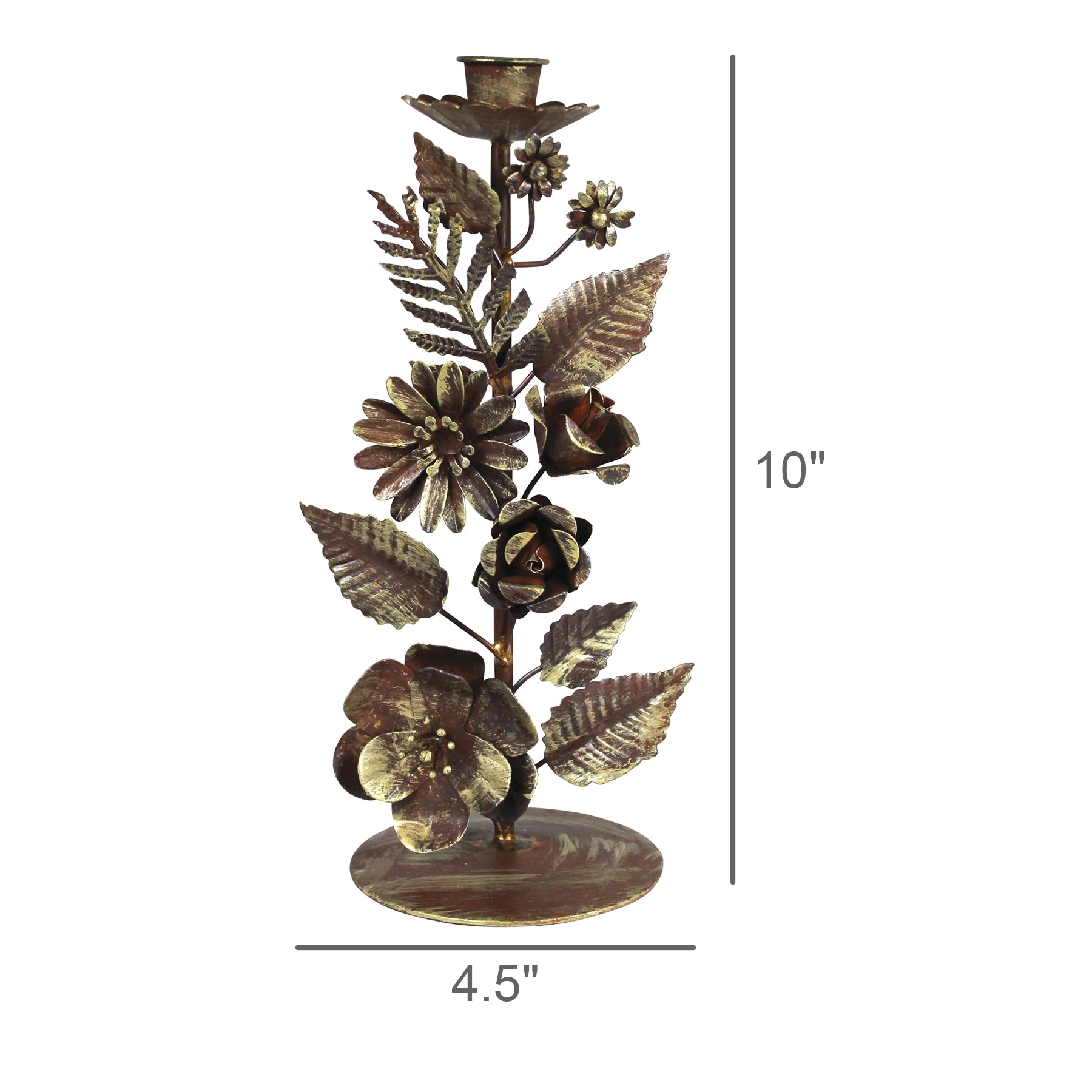 The HomArt Floral Taper Holder is a decorative metal candleholder featuring handcrafted flowers and leaves, measuring 10 inches tall by 4.5 inches wide—ideal for bringing old world charm to any room.