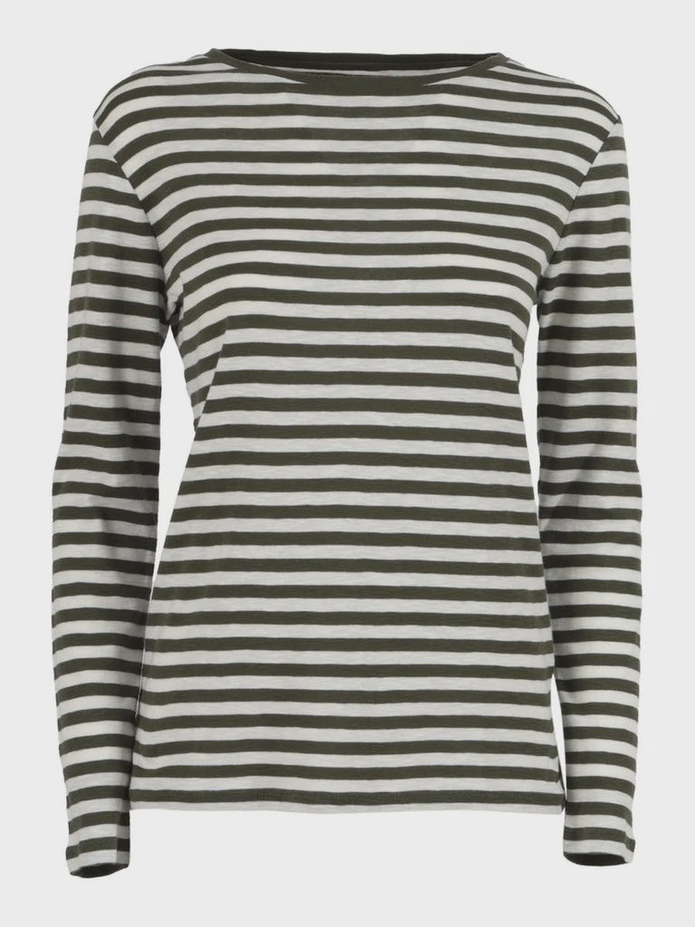 The Majestic Filatures Organic Cotton Stripe L/S Crewneck is a long sleeve, round neck T-shirt with black and white horizontal stripes, shown on a plain white background.