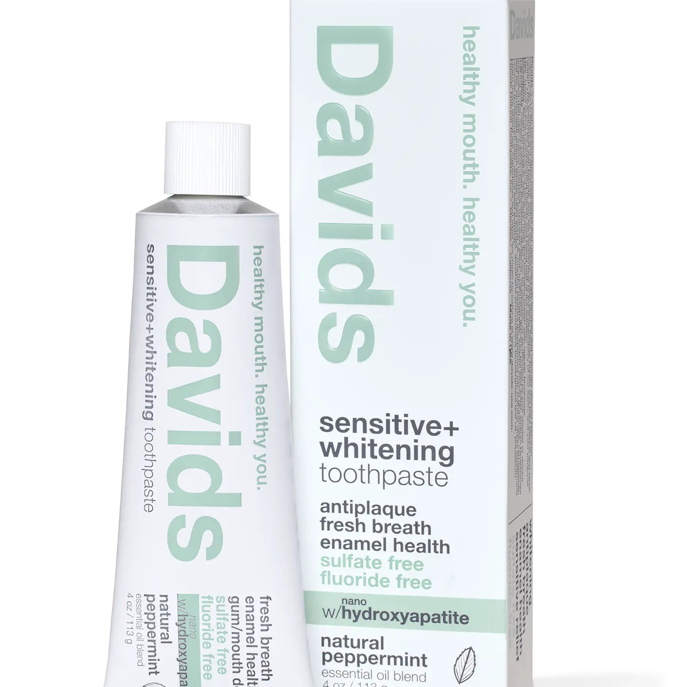 A tube and box of Faire Davids Toothpaste, sensitive + whitening, fluoride free, with hydroxyapatite and natural peppermint for antiplaque, fresh breath, enamel health; USDA certified biobased and in a recyclable metal tube.