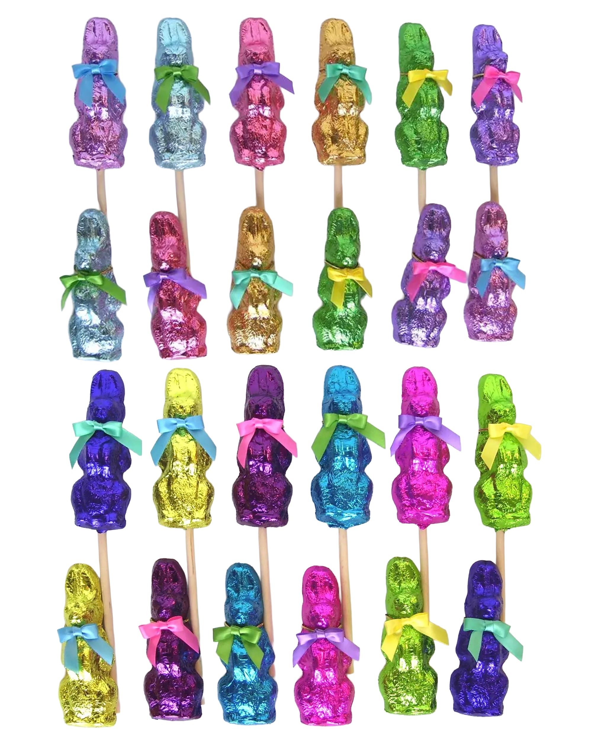 Rows of Faire Vintage Bunny /Milk Choc candies, each with a small bow and colorful foil wrapping, are neatly arranged in a grid on a white background. Some are fresh chocolate bunnies attached to wooden sticks.