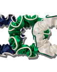 Three Faire Game Day Large Scrunchies are displayed side by side on a white background in navy blue, green, and white with green trim.