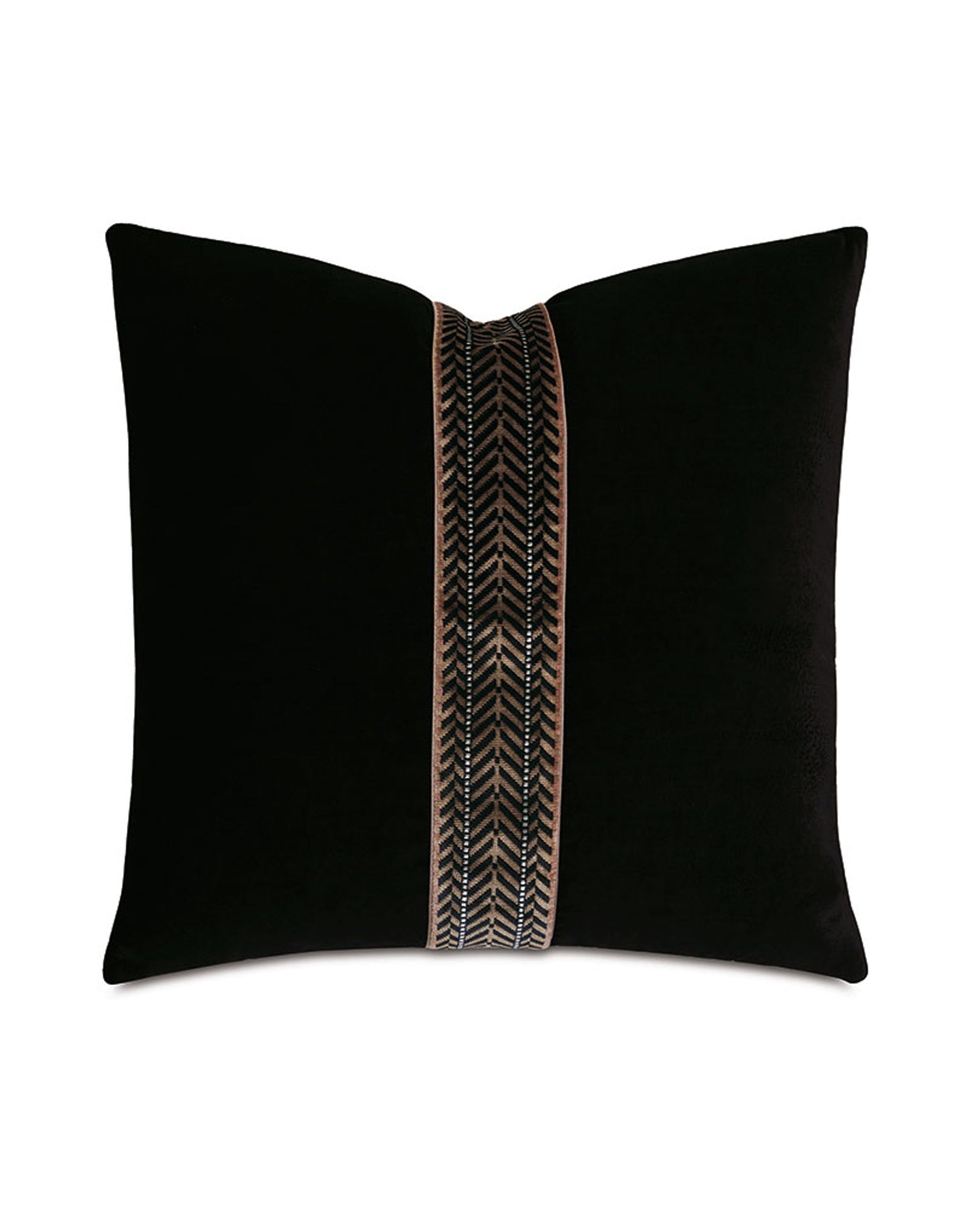 The EBONY CHEVRON pillow by Eastern Accents is a square black decorative piece with a vertical brown and white embroidered chevron stripe down the center, set against a white background.