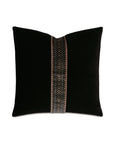 The EBONY CHEVRON pillow by Eastern Accents is a square black decorative piece with a vertical brown and white embroidered chevron stripe down the center, set against a white background.
