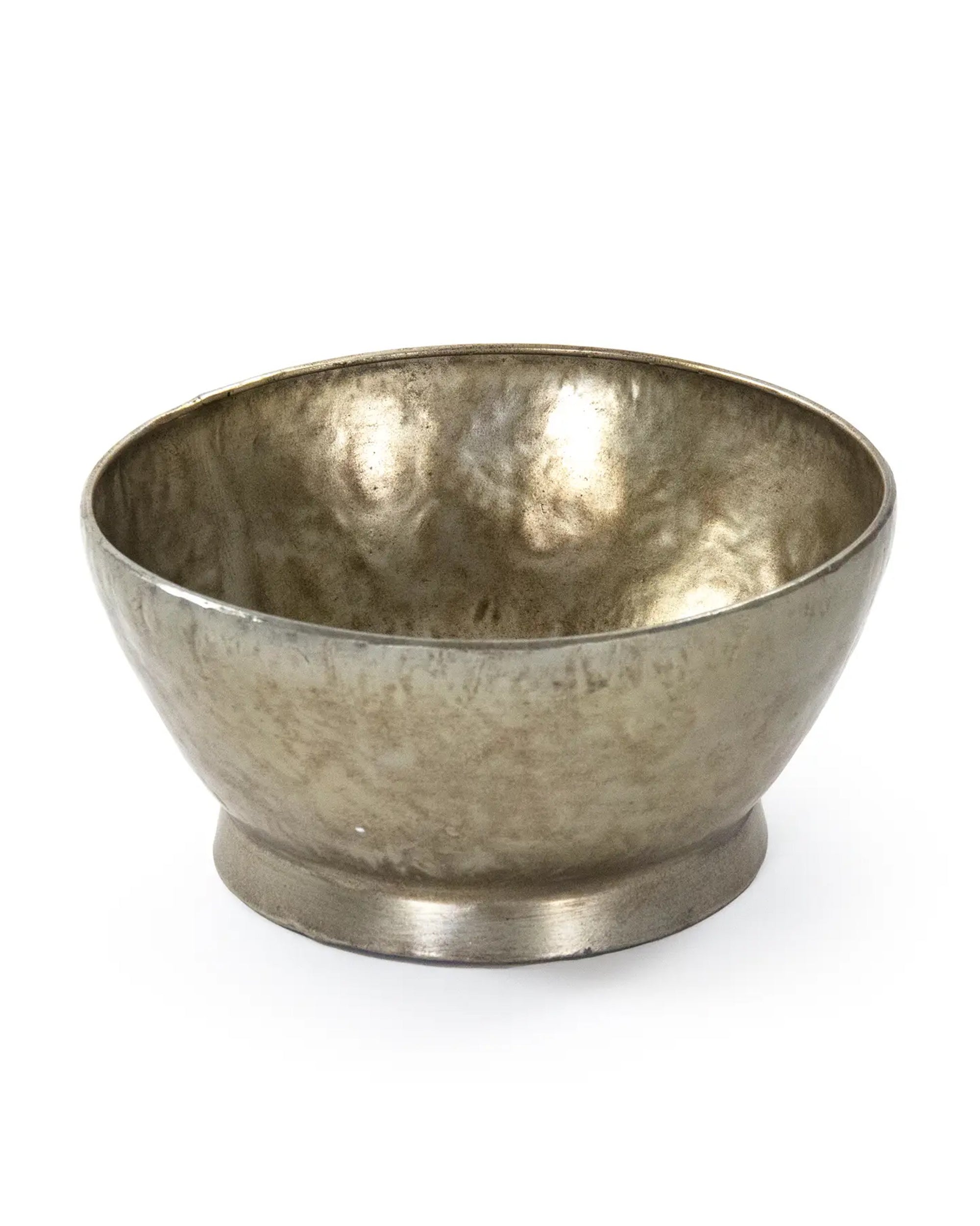The Zentique Edgard Bowl /Antique Gold features a simple round shape with a slightly flared rim, small pedestal base, and a hammered textured surface for a decorative, reflective centerpiece.