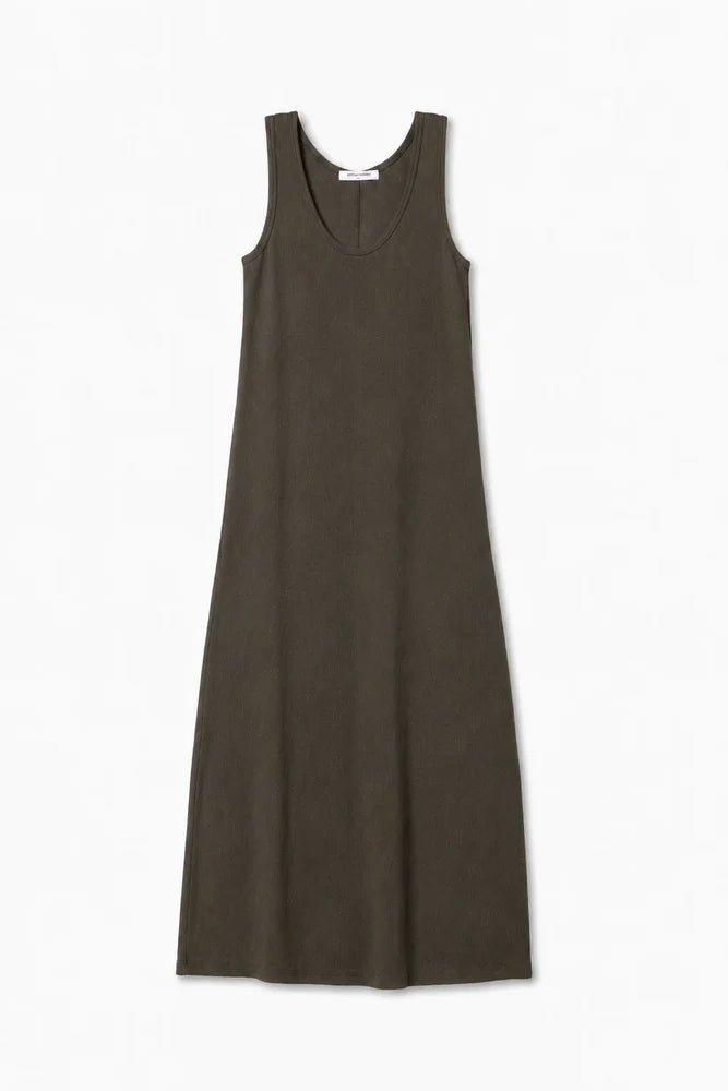 Sleeveless dark olive green rib midi tank dress by Perfectwhitetee, round neckline, laid flat.