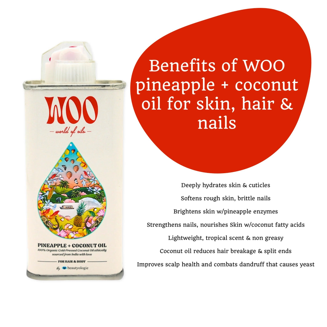 A can of Faire Pineapple Coconut Oil sits next to a red circle highlighting its benefits for skin, hair, and nails: hydration, softening, brightening, strengthening, scalp health, and dandruff reduction.