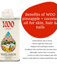 A can of Faire Pineapple Coconut Oil sits next to a red circle highlighting its benefits for skin, hair, and nails: hydration, softening, brightening, strengthening, scalp health, and dandruff reduction.