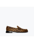 The Freda Salvador ELBA Leopard Loafer, crafted from leopard haircalf with a low leather-stacked heel and visible sole stitching, is shown against a plain white background.