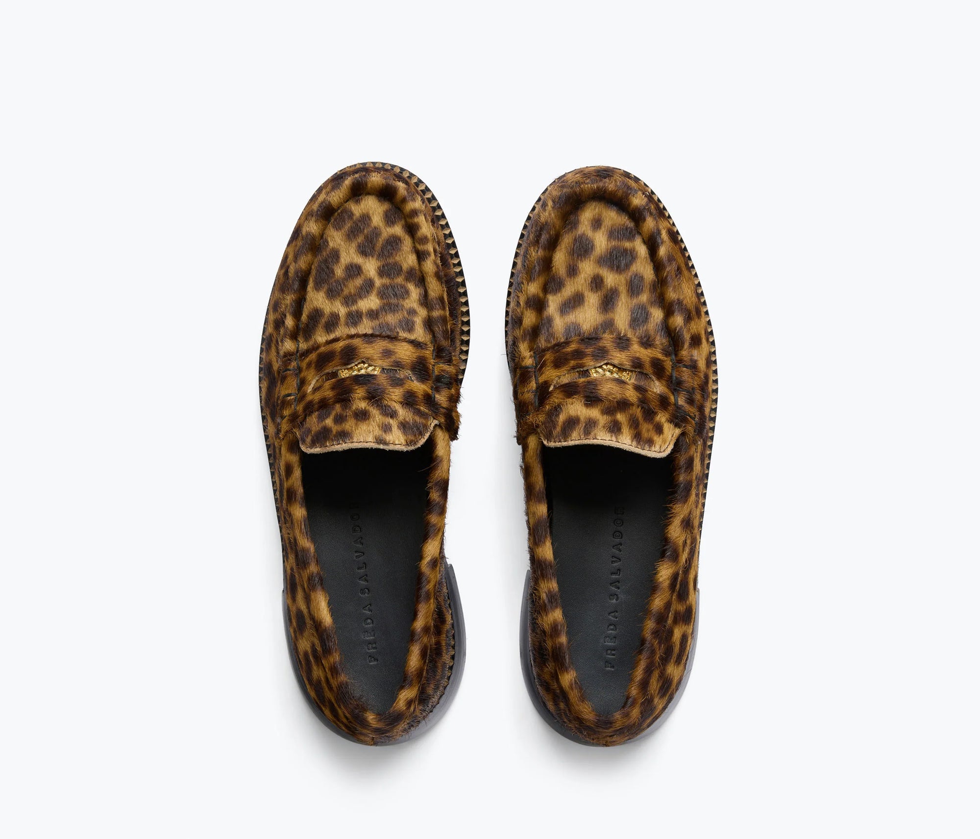 The Freda Salvador ELBA Leopard Loafer, featuring a brown and black print haircalf, is shown from above on a plain light background.