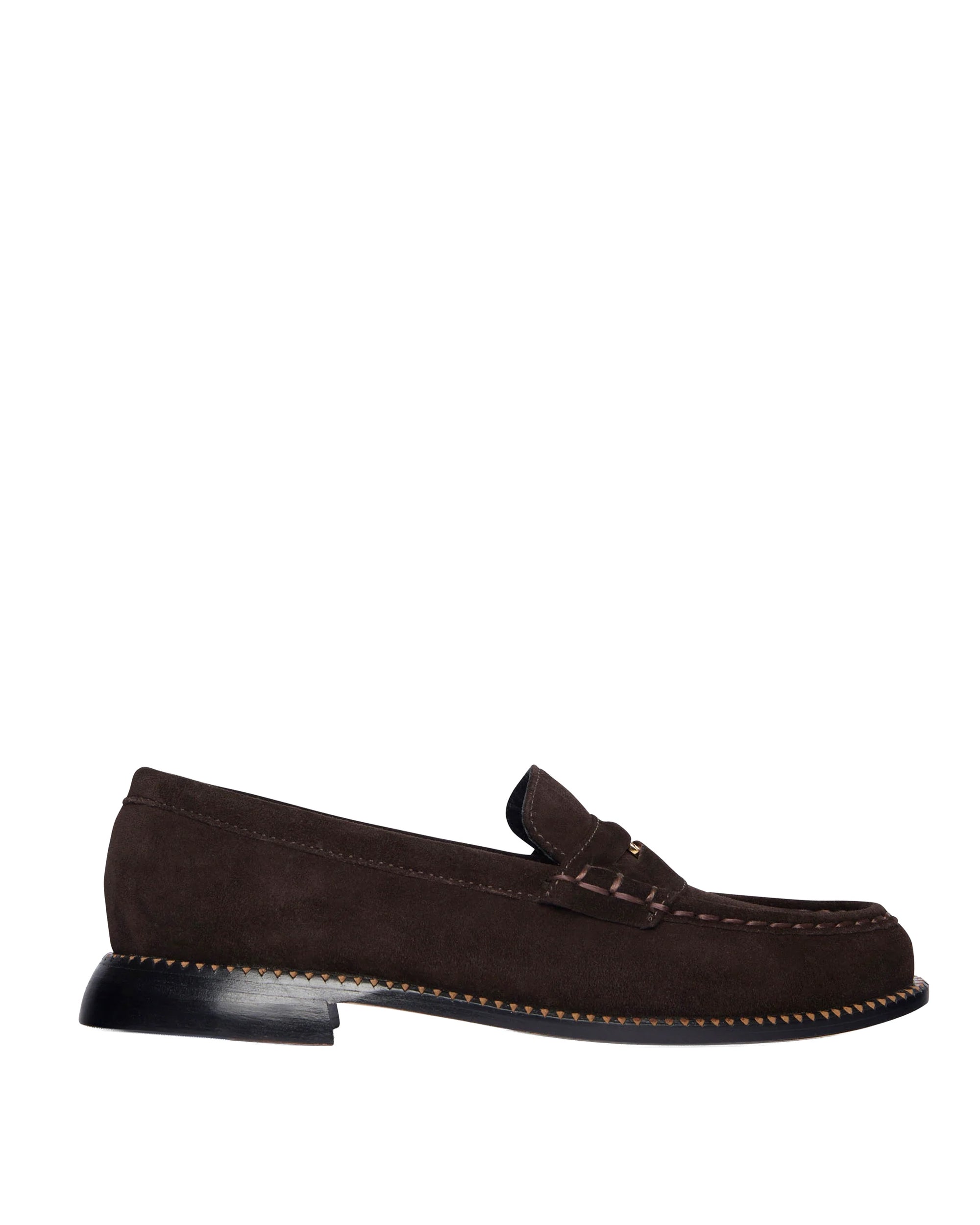The Freda Salvador Elba Espresso Suede Loafer features visible stitching, a classic moccasin design, and a low black heel for timeless style. This comfortable penny loafer is shown against a white background.