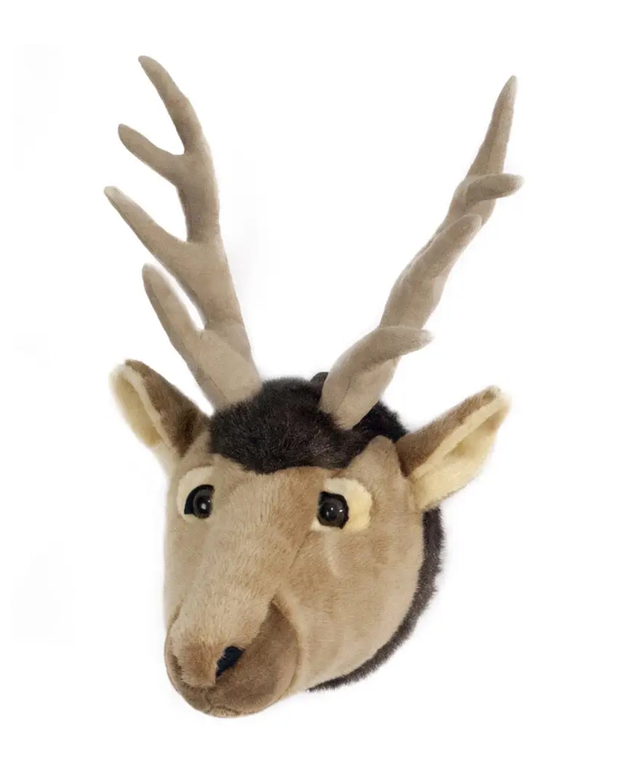 The Faire Elk Large Trophy Head is a plush wall décor piece with big brown antlers, soft beige and brown fur, and black eyes—ideal for any outdoor enthusiast’s space.