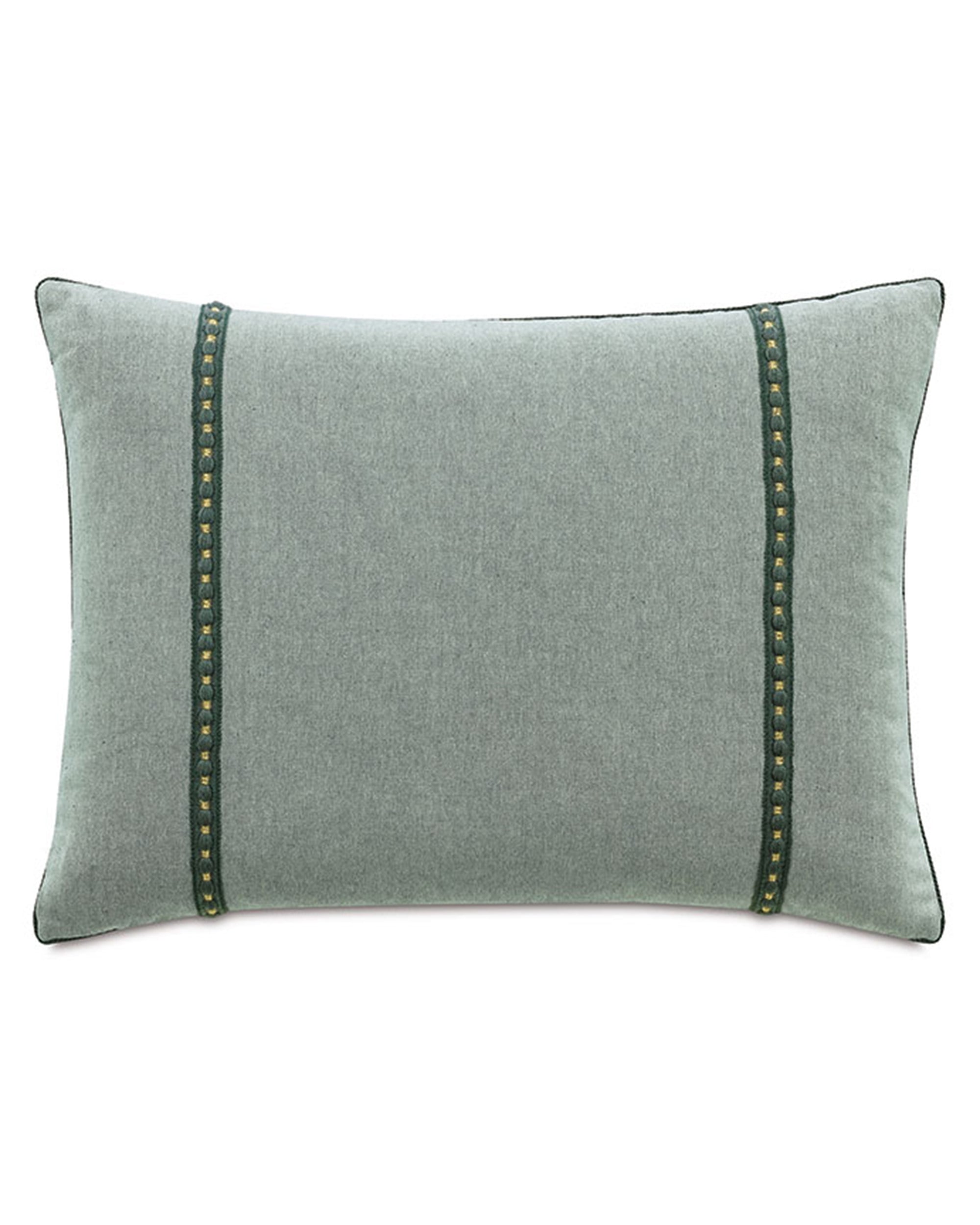The Elspeth Gimp Pillow by Eastern Accents is a rectangular light gray cotton pillow featuring two dark green embroidered stripes, small gold accents, and an emerald trim that elevates its simple, modern design.