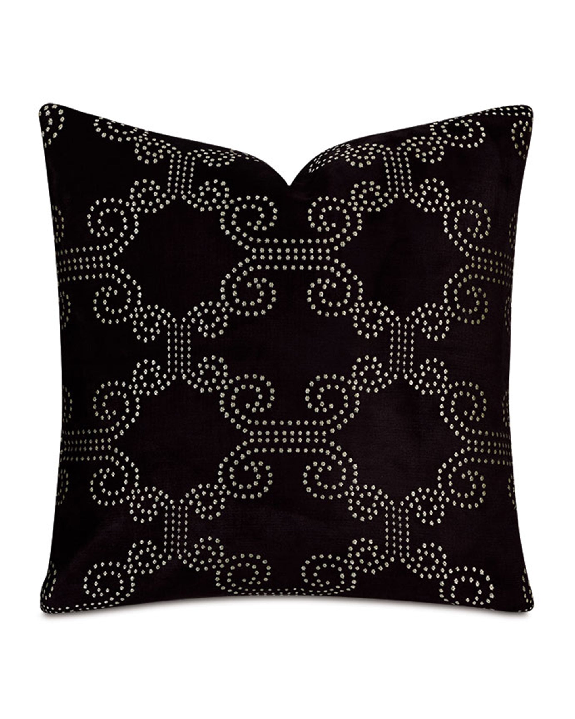 The Elton Onyx Pillow by Eastern Accents is a black 22"x22" accent featuring a geometric trellis pattern of metallic silver studs on woven metallic fabric.