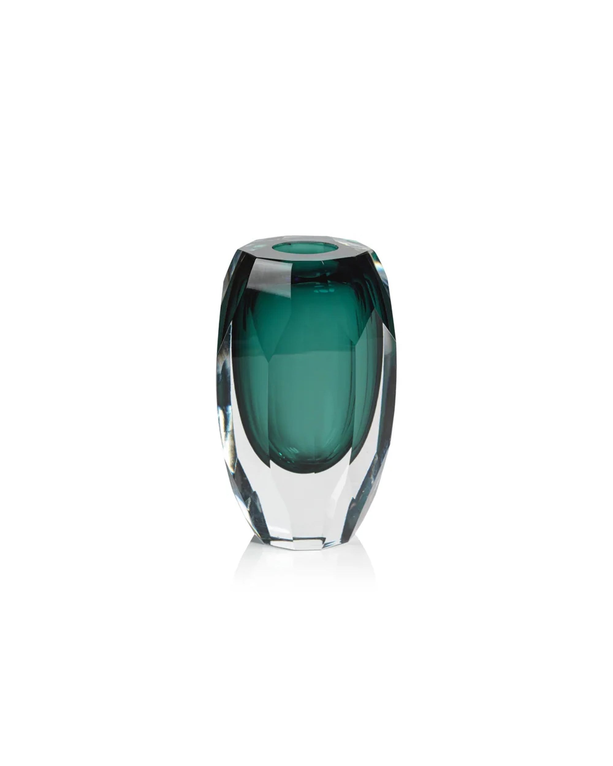 The Zodax CH-6815 Emerald Cut Glass 6.5" vase features a small, oval shape and deep green core—ideal as a modern decorative accent, shown here against a plain white background.