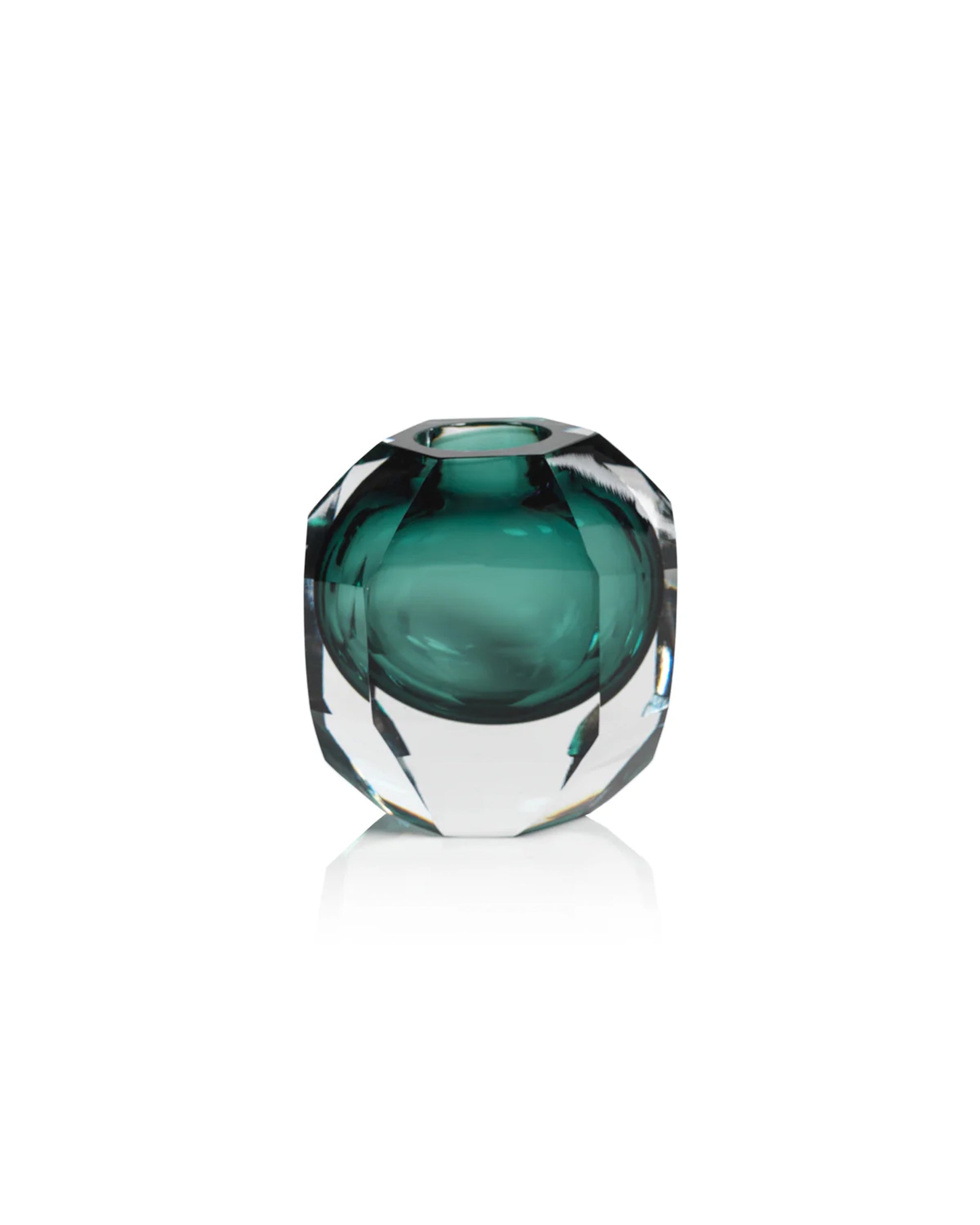The Zodax CH-6814 Emerald Cut Glass 5" vase features a small, geometric teal design with clear faceted sides, displayed against a white background—ideal for enhancing your home decor.