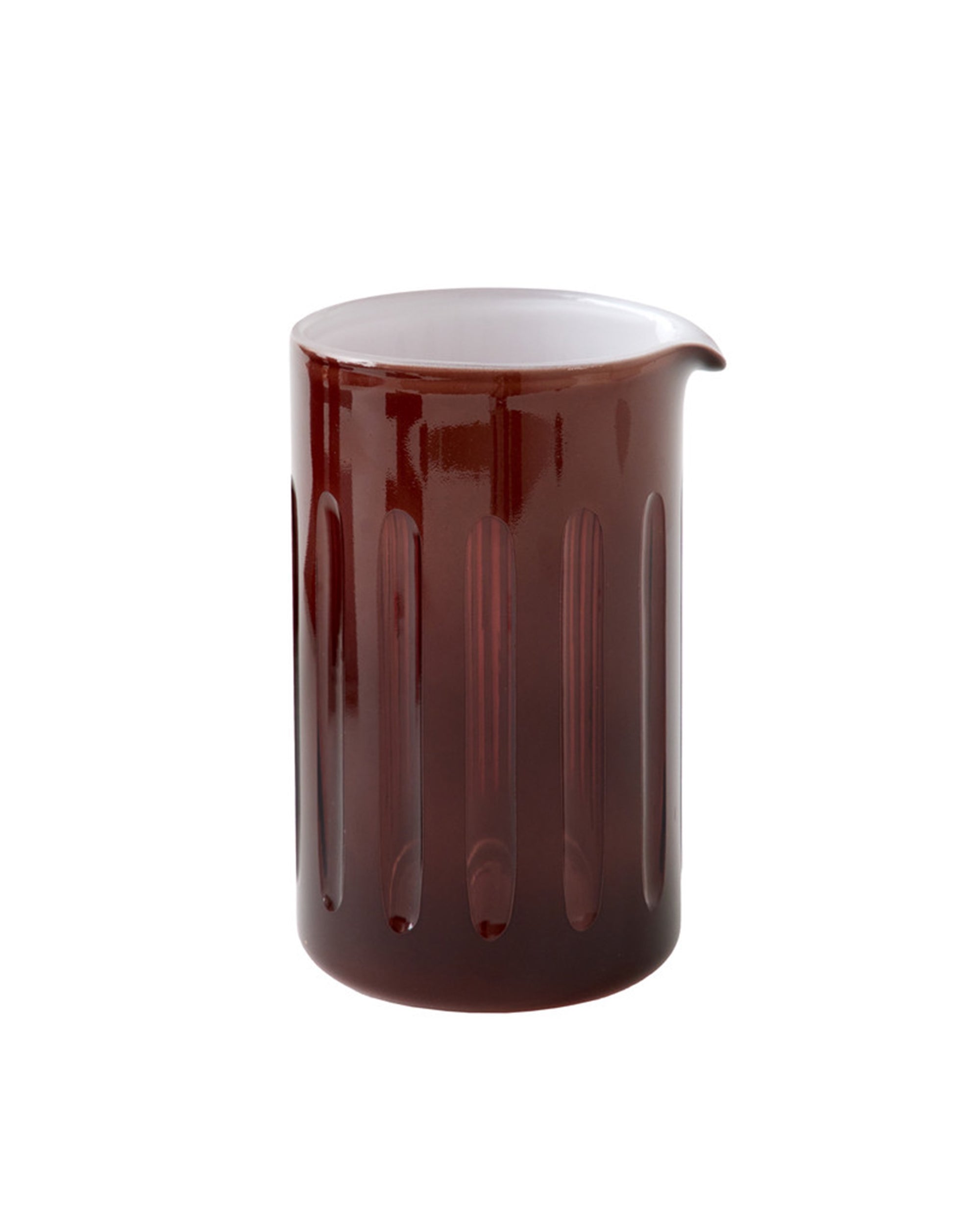 A 24 oz Sir/Madam Empire Mixer Java brown glass pitcher with vertical grooves and a small spout, shown against a white background.
