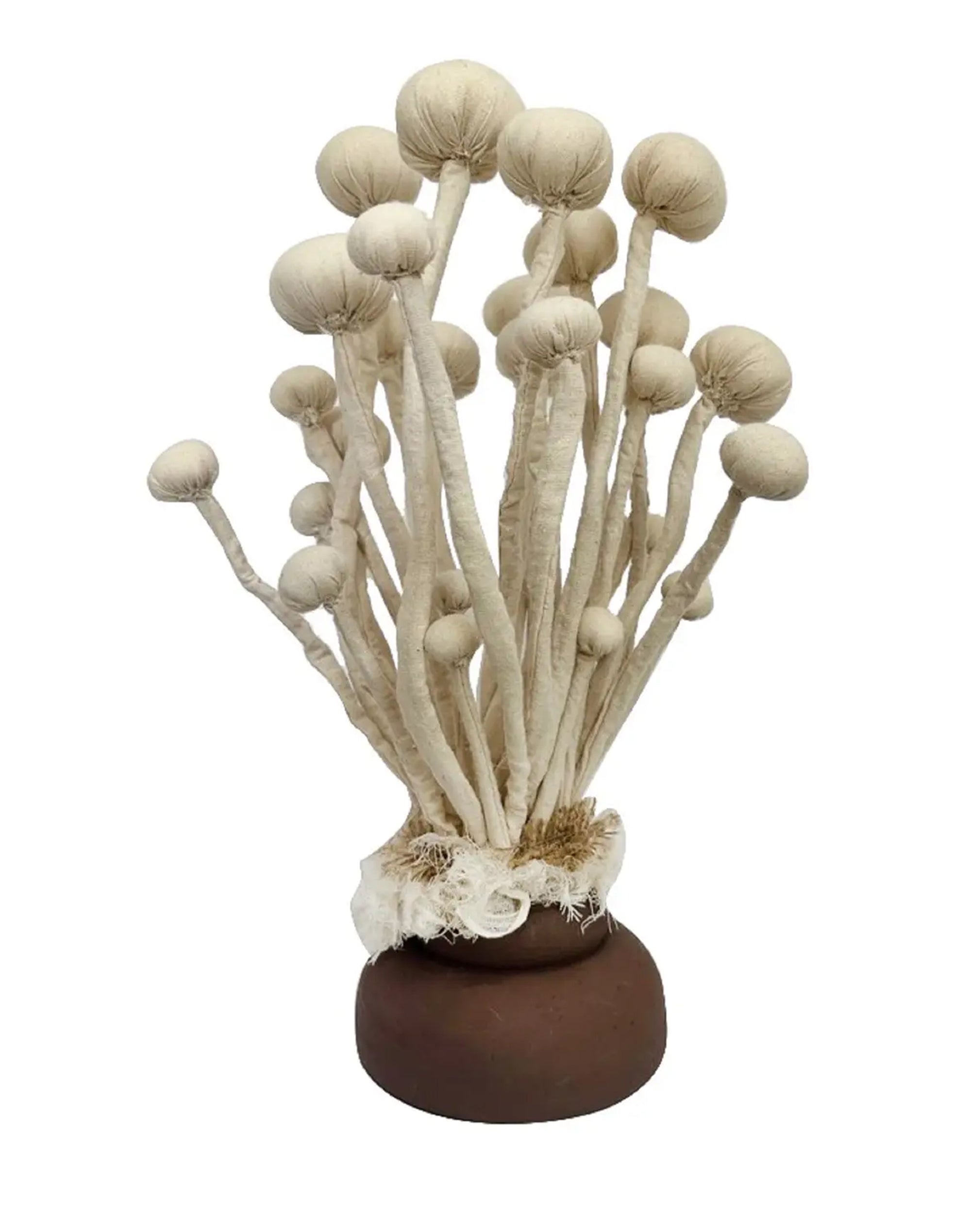 The Enoki Mushroom Sculpture by BIDK Home showcases tall, beige, fabric mushrooms with round caps and long stems, artfully set in a brown round pot—an ideal piece to bring whimsical charm to your home decor.